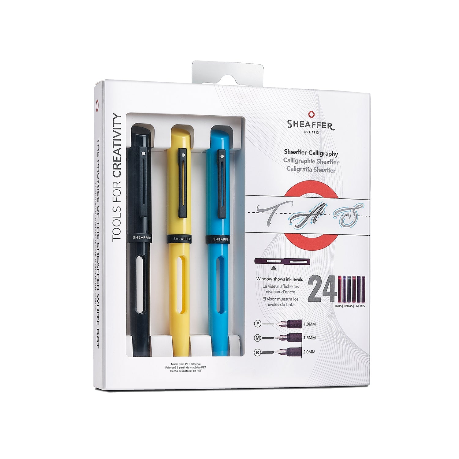 Sheaffer® Calligraphy Glossy Black, Blue and Yellow Fountain pens Maxikit in Hangsell - F, M, B nibs.