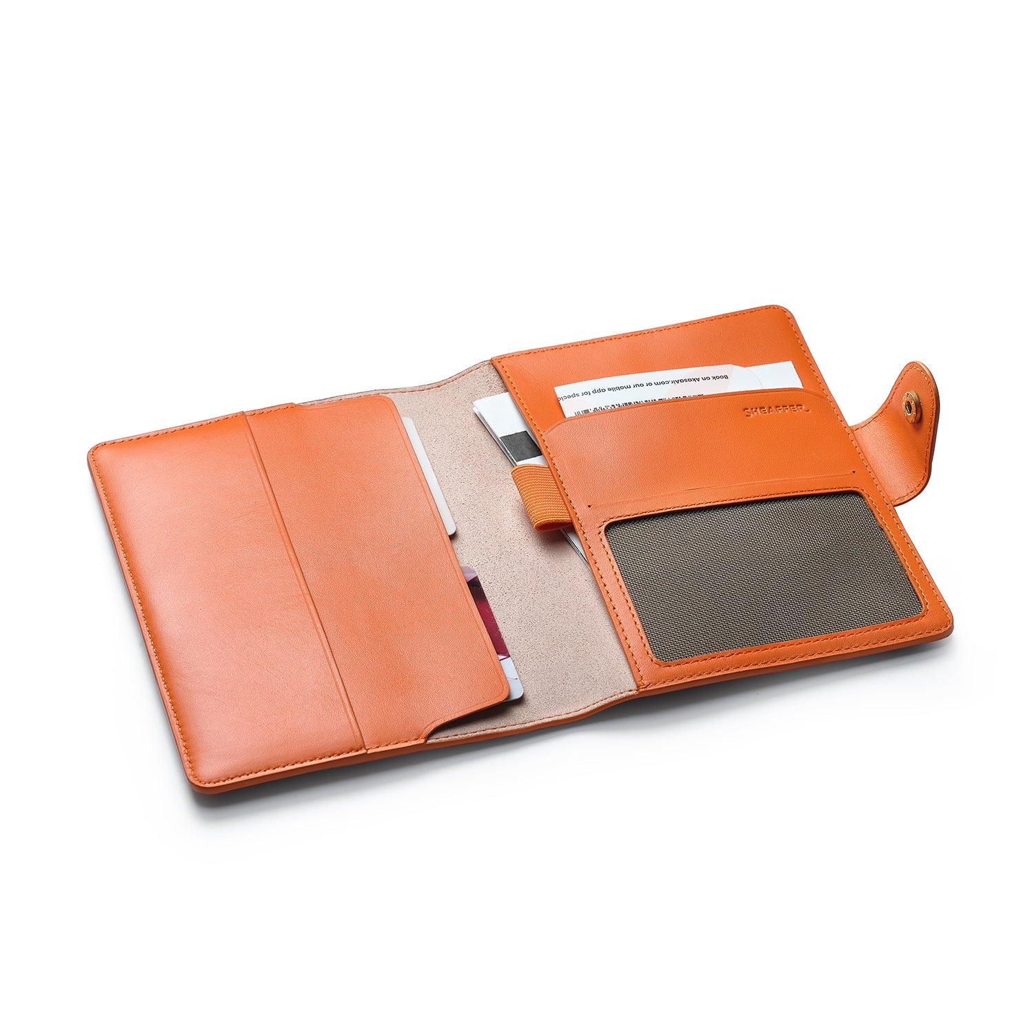 Sheaffer Emily in Paris Full-Grain Leather Passport Case with Pen Loop and Heart-Shaped Emblem - Orange.