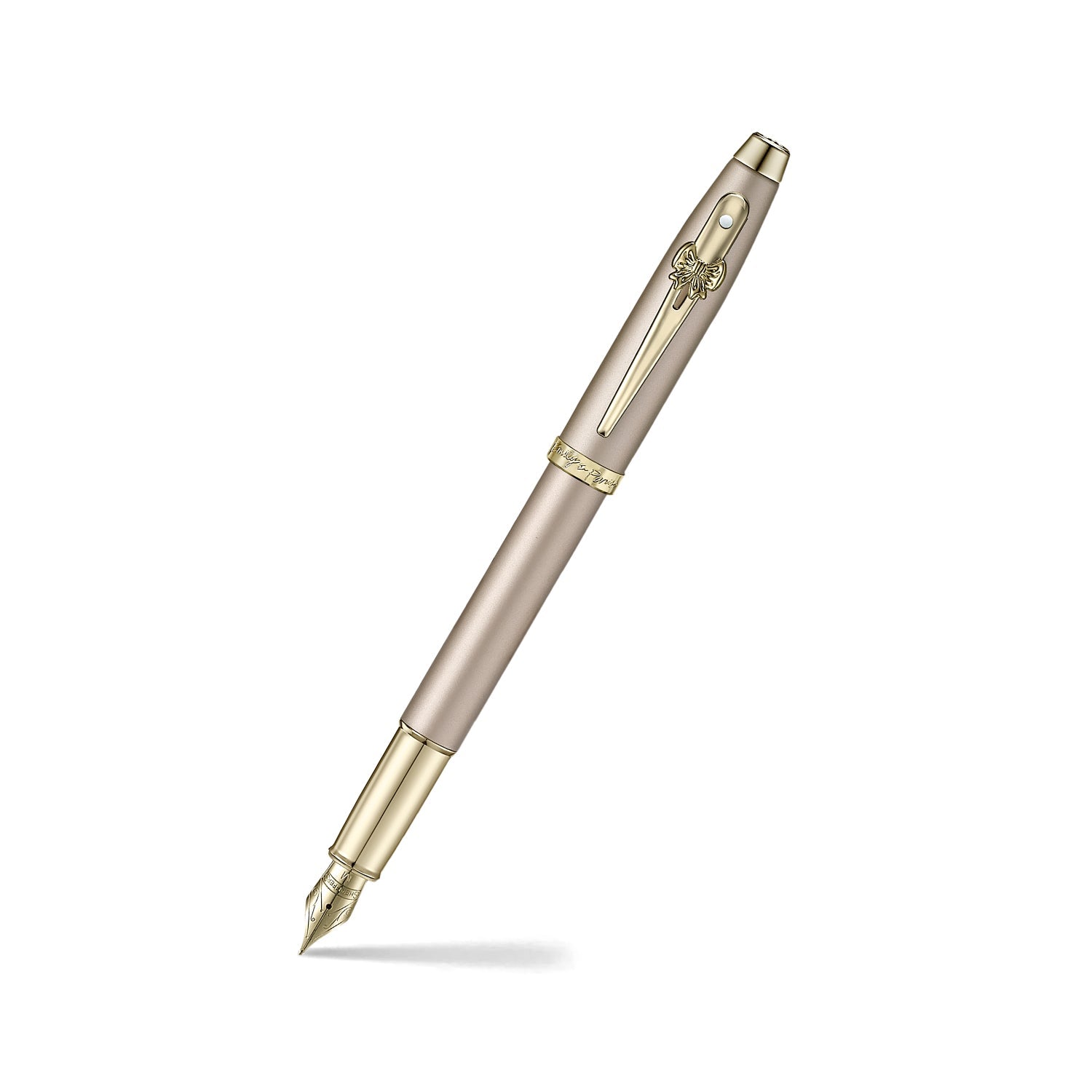 Sheaffer 100 Emily in Paris 9377 Champagne Gold Fountain Pen with Champagne Gold Trims and Bow-Shaped Clip Emblem (Medium).
