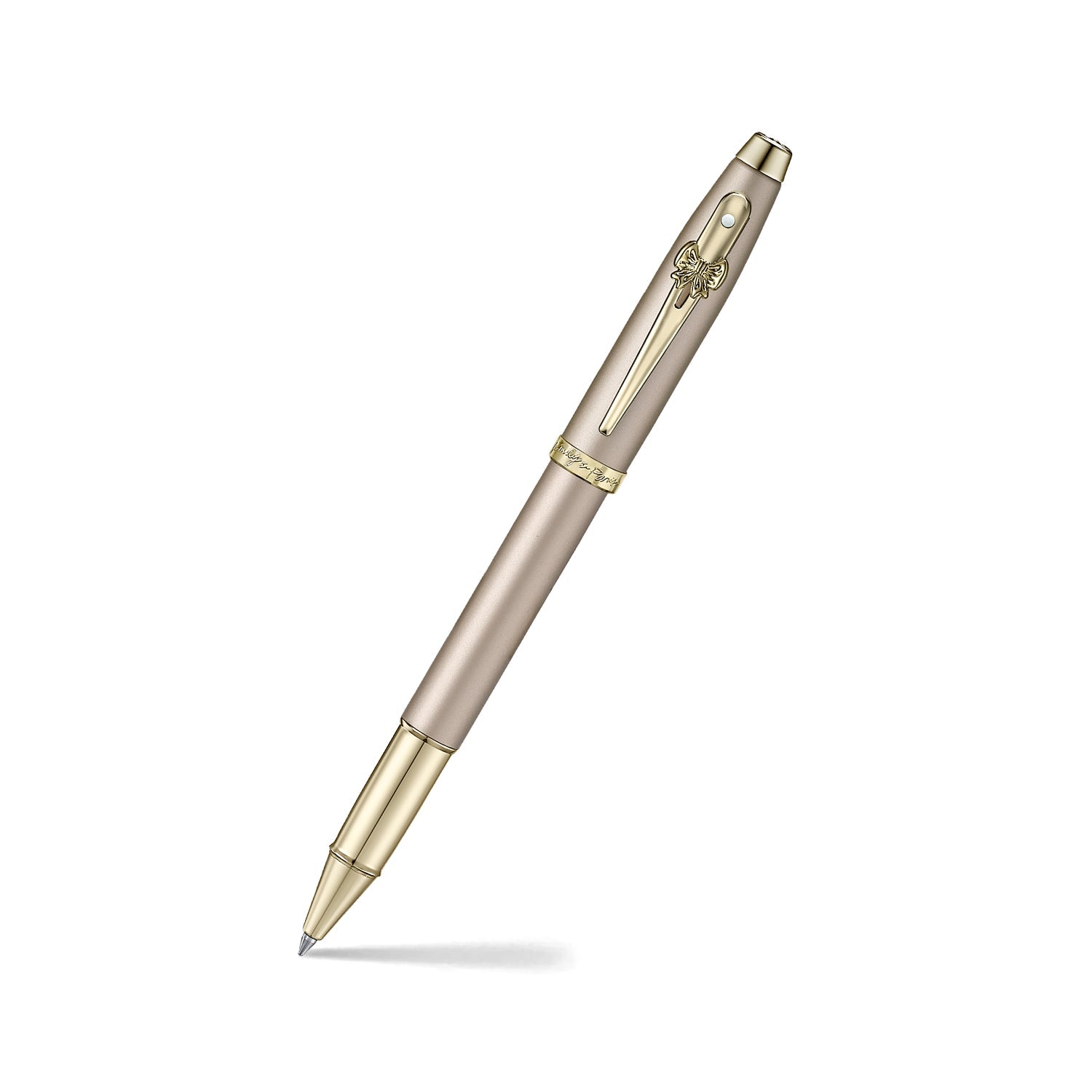 Sheaffer 100 Emily in Paris 9377 Champagne Gold Rollerball Pen with Champagne Gold Trims and Bow-Shaped Clip Emblem.