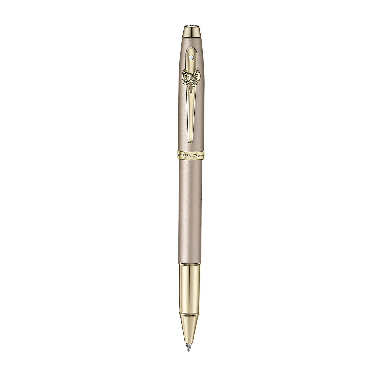 Sheaffer 100 Emily in Paris 9377 Champagne Gold Rollerball Pen with Champagne Gold Trims and Bow-Shaped Clip Emblem.