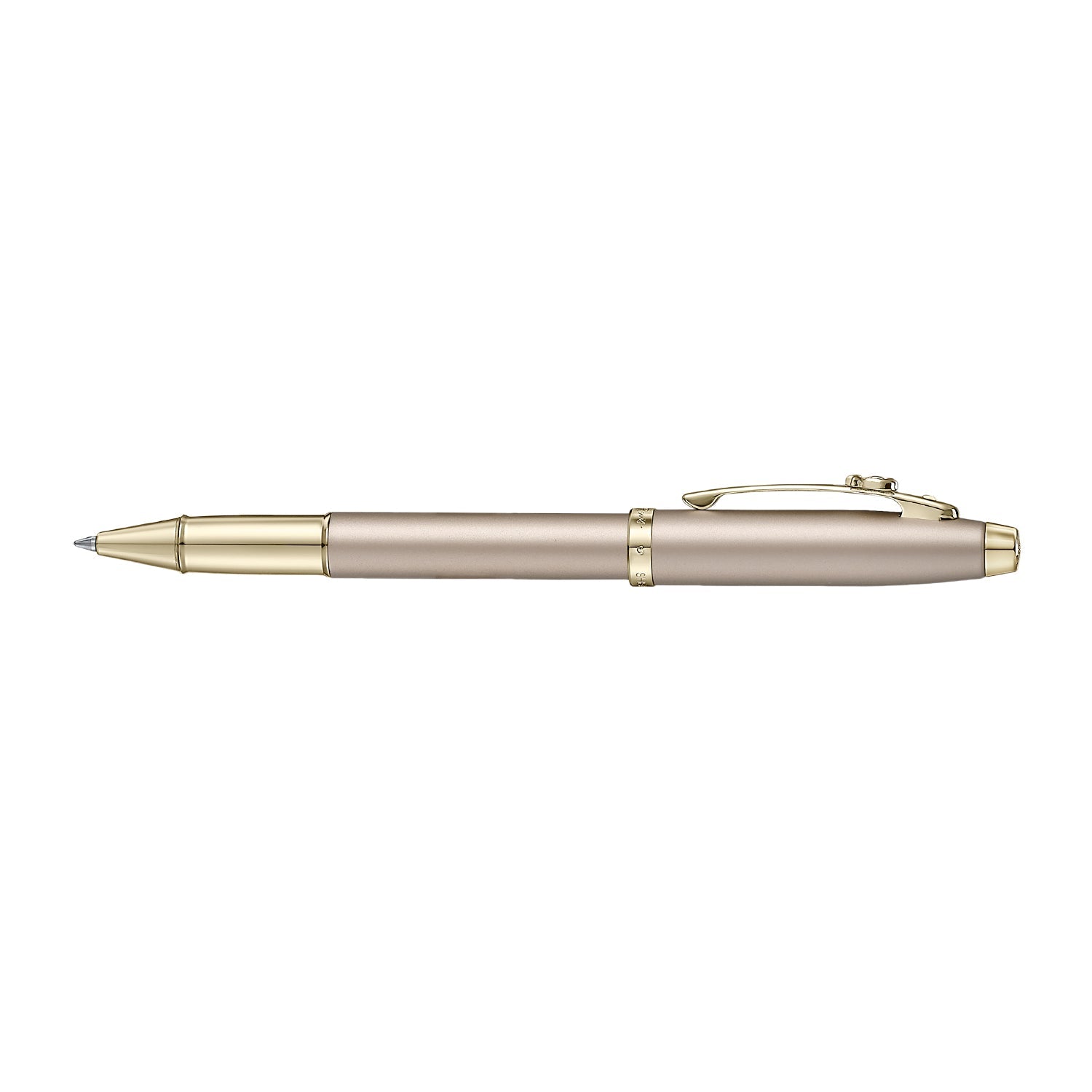 Sheaffer 100 Emily in Paris 9377 Champagne Gold Rollerball Pen with Champagne Gold Trims and Bow-Shaped Clip Emblem.