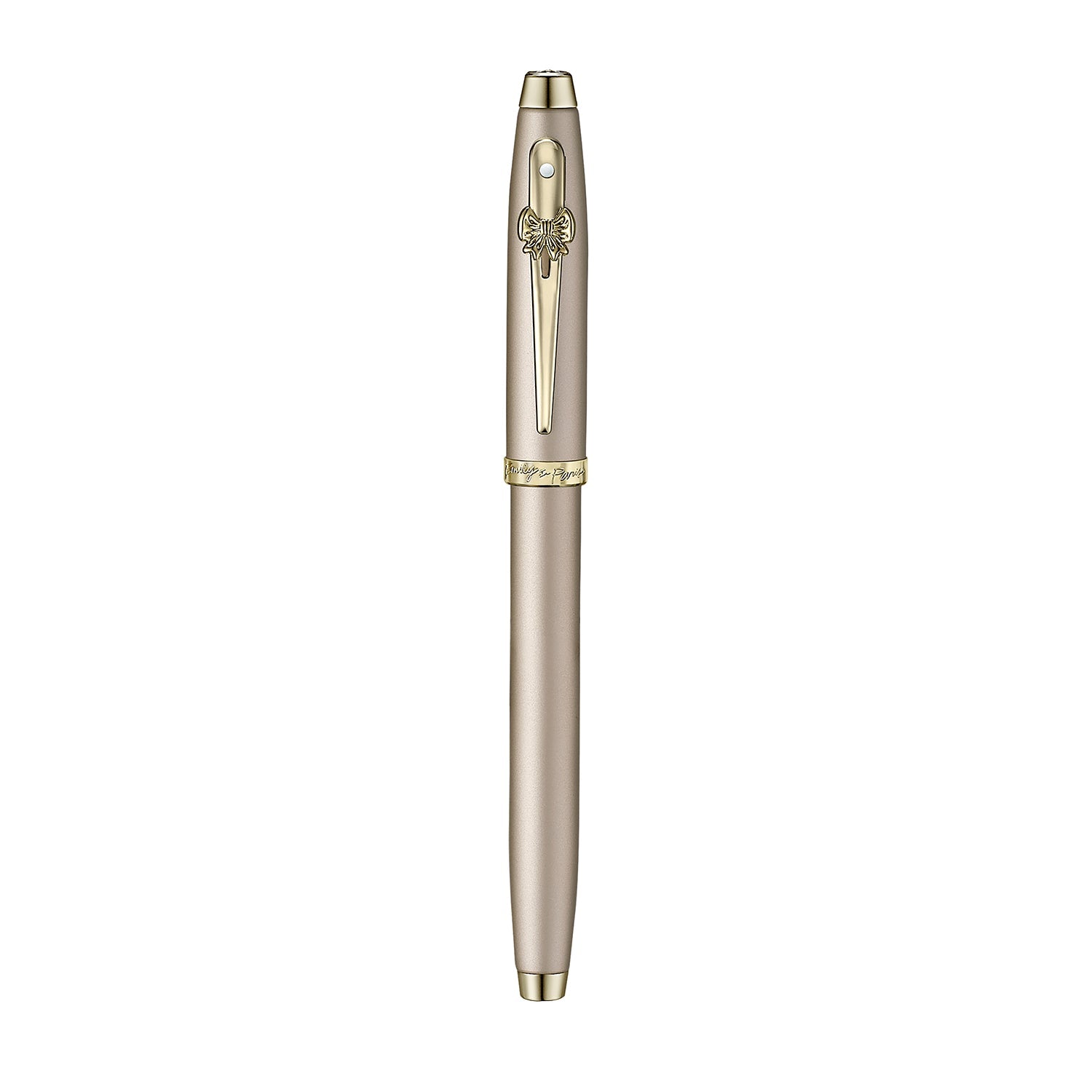 Sheaffer 100 Emily in Paris 9377 Champagne Gold Rollerball Pen with Champagne Gold Trims and Bow-Shaped Clip Emblem.