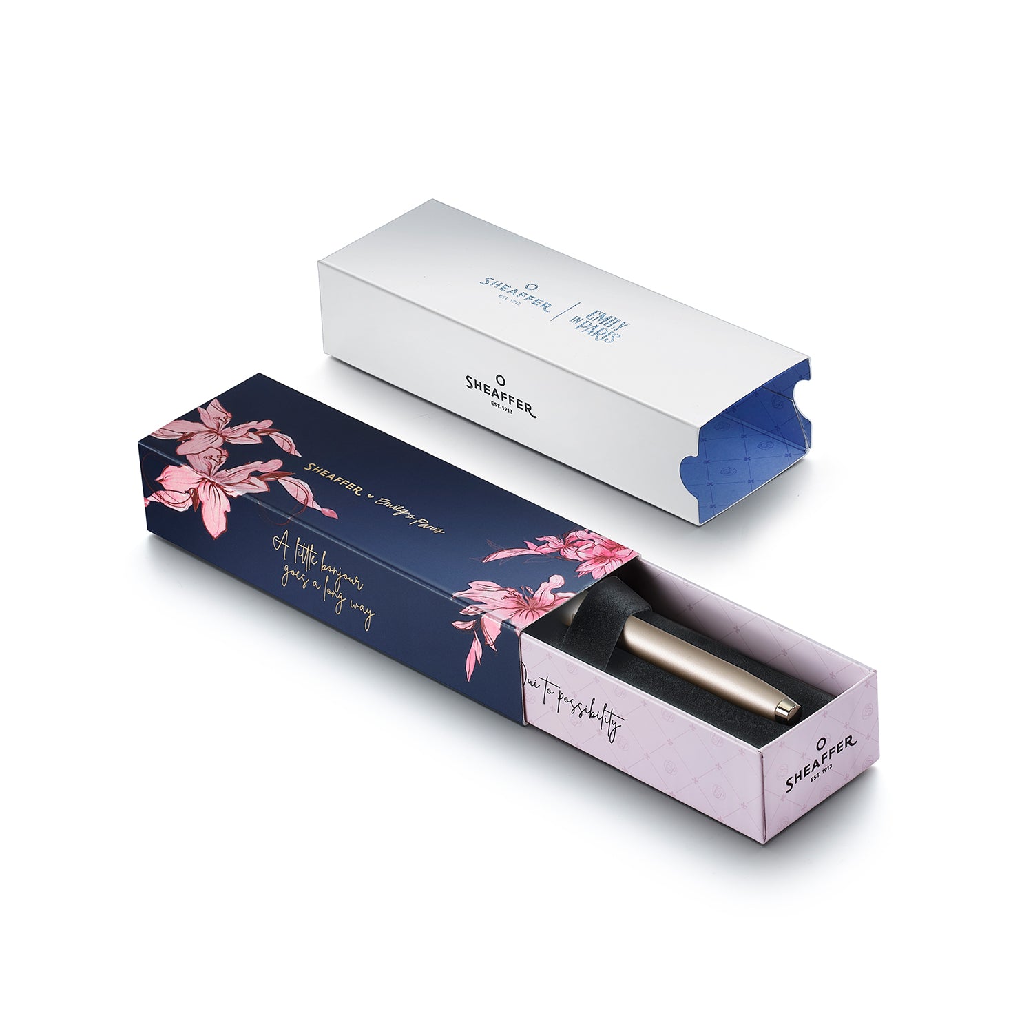 Sheaffer 100 Emily in Paris 9377 Champagne Gold Rollerball Pen with Champagne Gold Trims and Bow-Shaped Clip Emblem.