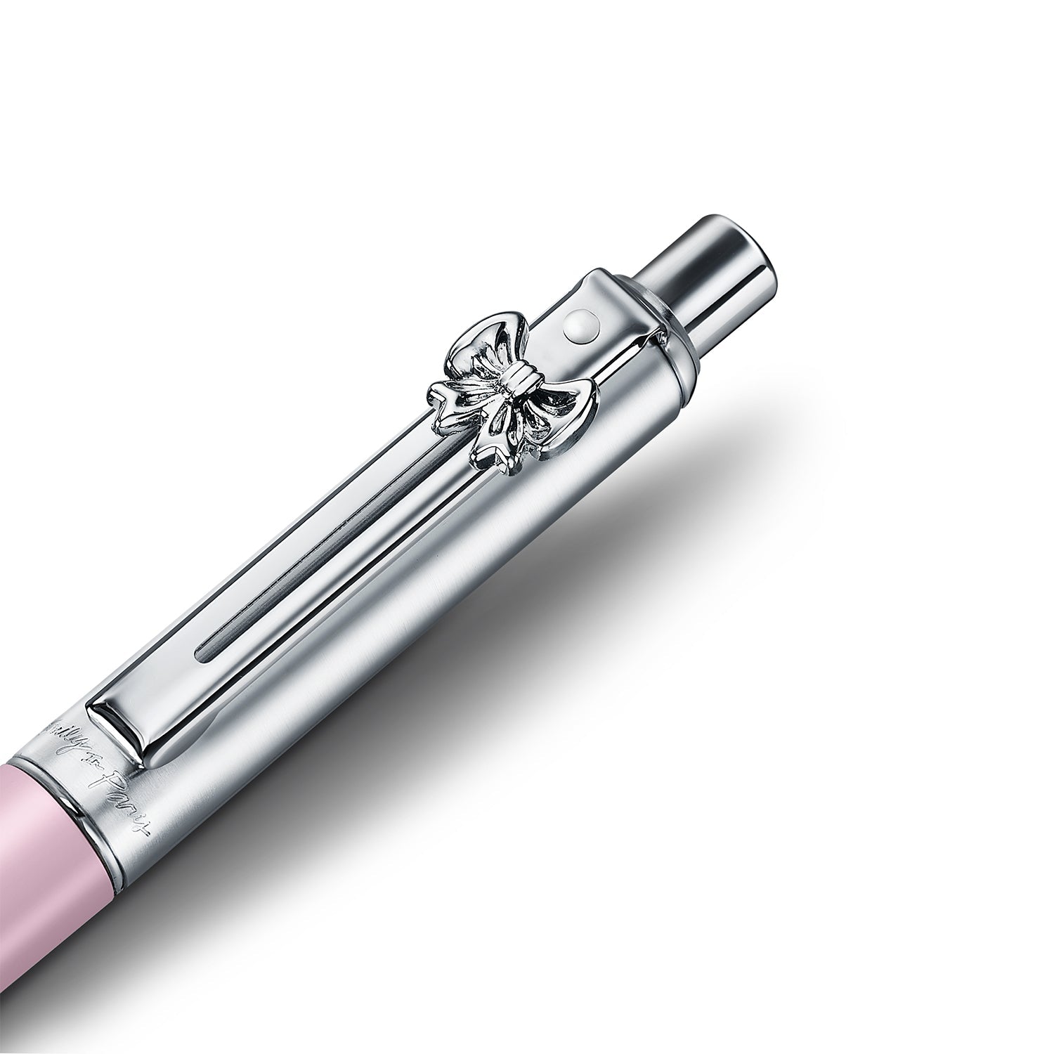 Sheaffer Sentinel Emily in Paris 321 Pink Matte Finish Ballpoint Pen with Chrome-Plated Trims and Bow-Shaped Clip Emblem.