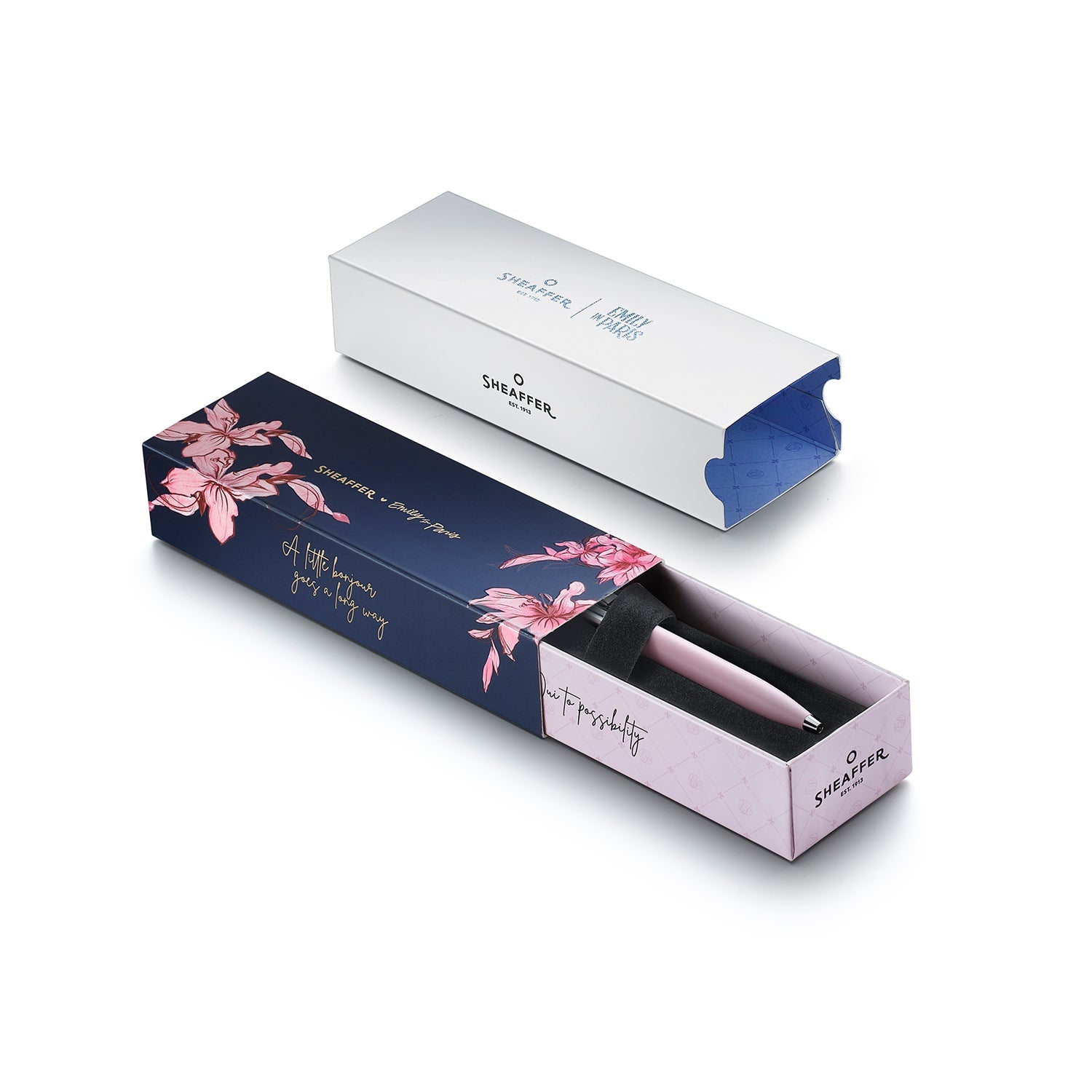 Sheaffer Sentinel Emily in Paris 321 Pink Matte Finish Ballpoint Pen with Chrome-Plated Trims and Bow-Shaped Clip Emblem.