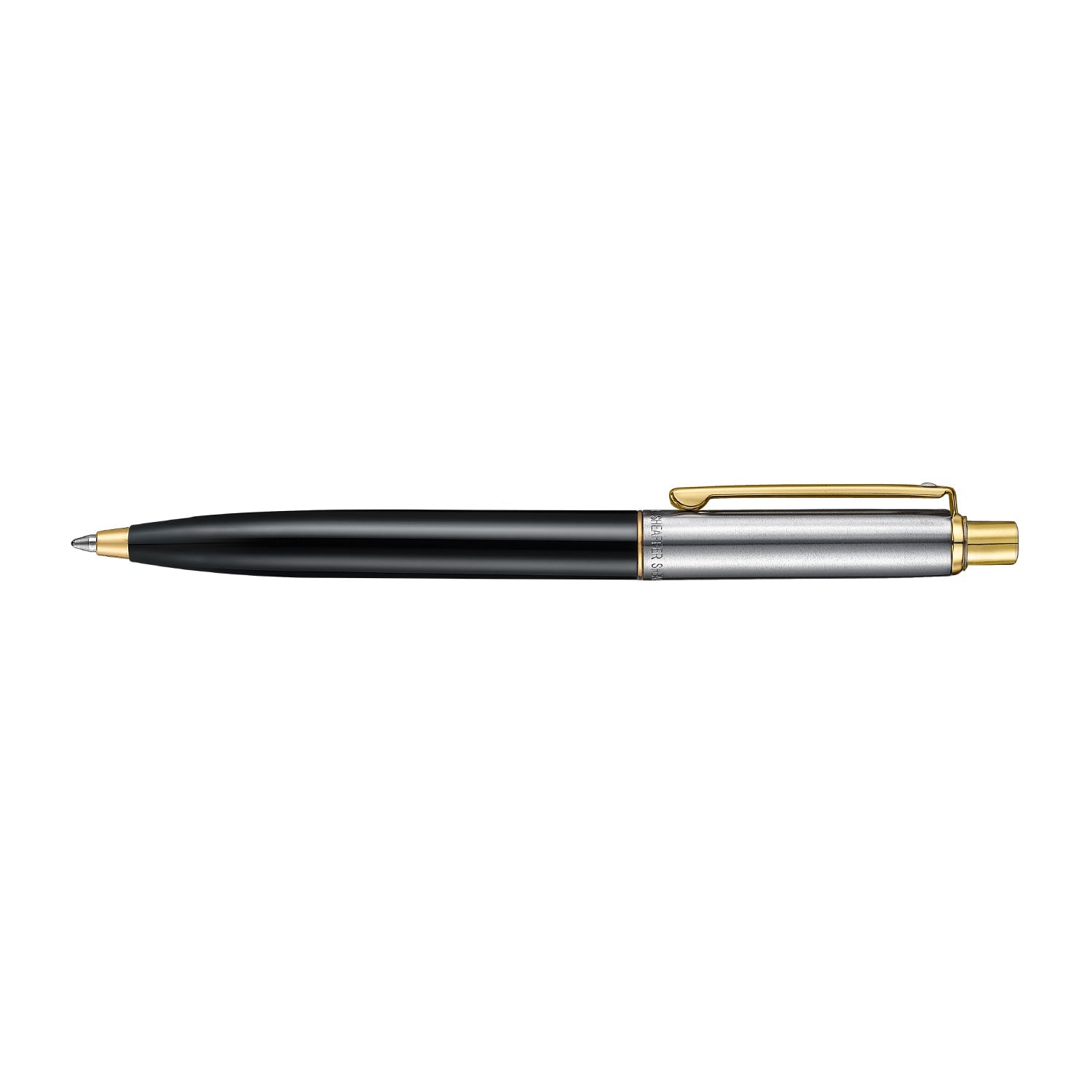 Sheaffer Sentinel Metal 335 Glossy Black Barrel and Brushed Chrome Ballpoint Pen with Gold Trims.