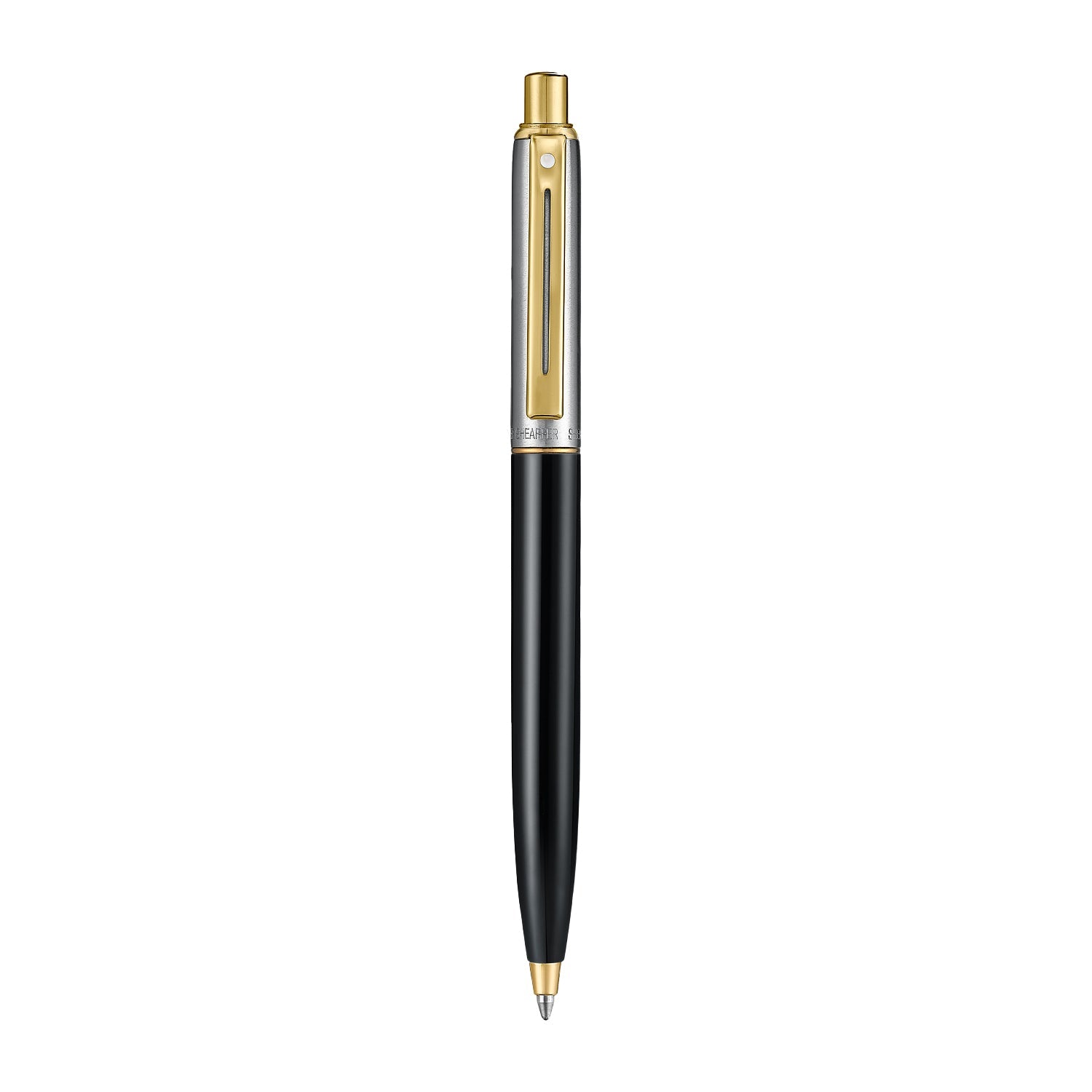 Sheaffer Sentinel Metal 335 Glossy Black Barrel and Brushed Chrome Ballpoint Pen with Gold Trims.
