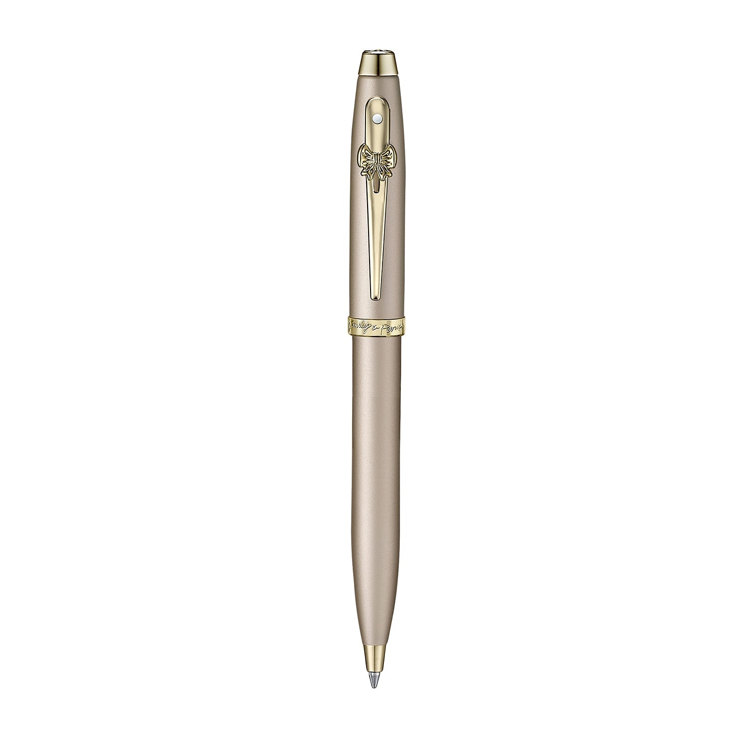 Sheaffer 100 Emily in Paris 9377 Champagne Gold Ballpoint Pen with Champagne Gold Trims and Bow-Shaped Clip Emblem.