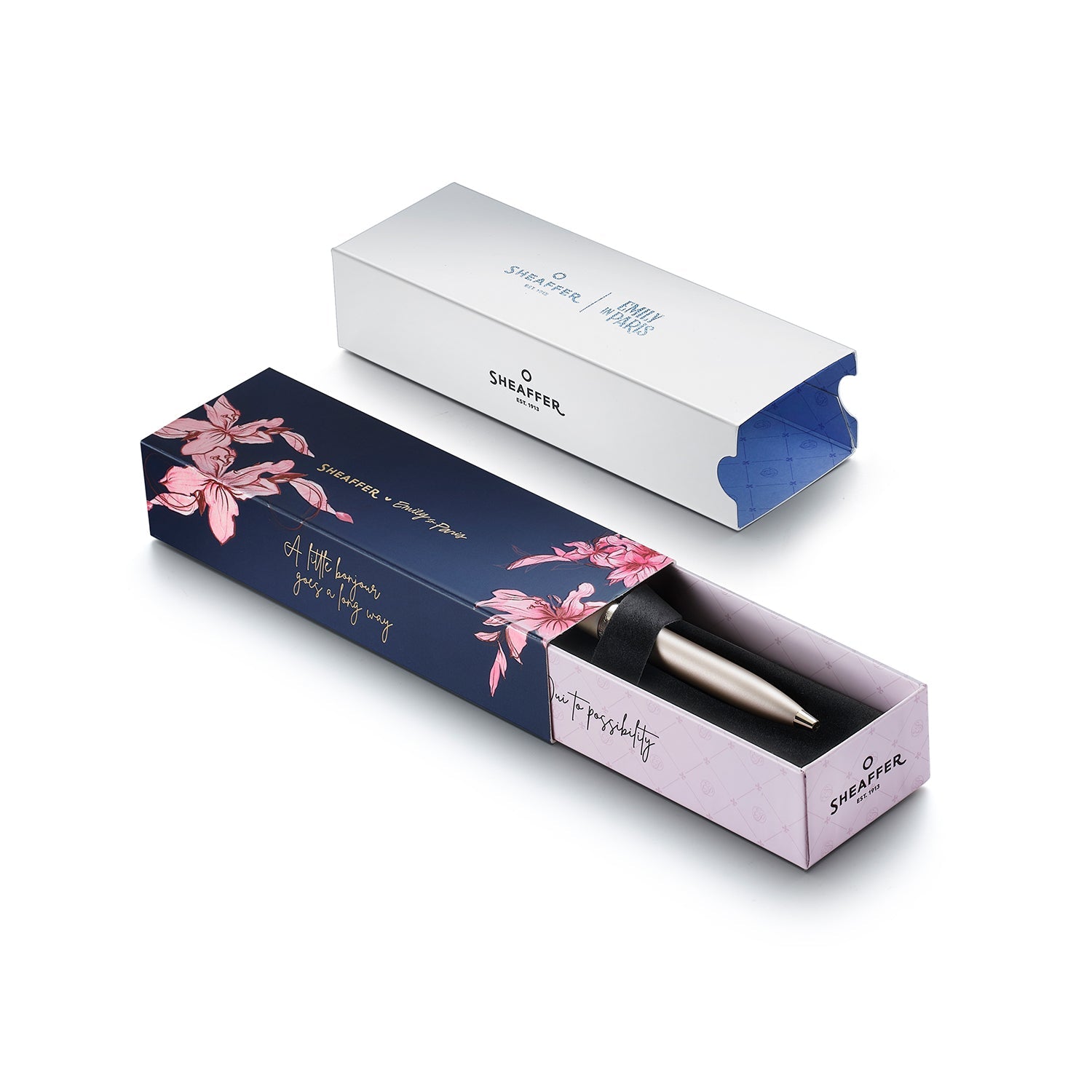 Sheaffer 100 Emily in Paris 9377 Champagne Gold Ballpoint Pen with Champagne Gold Trims and Bow-Shaped Clip Emblem.
