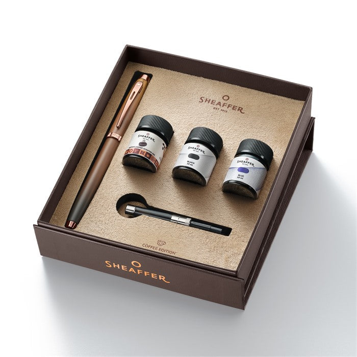 Sheaffer Gift Set ft. Coffee Edition 100 9374 Fountain Pen with Regal Brown PVD Trims and 3 x 10ml Ink Bottles.