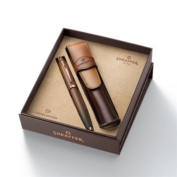 Sheaffer Gift Set ft. Coffee Edition 100 9374 Fountain Pen with Regal Brown PVD Trims and Coffee Edition Pen Pouch.
