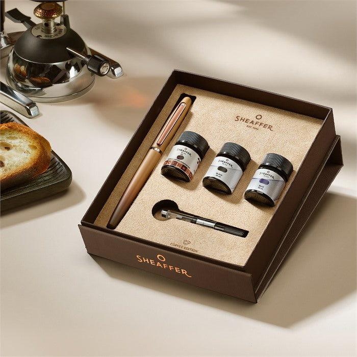 Sheaffer Gift Set ft. Coffee Edition VFM 9428 Fountain Pen with Regal Brown PVD Trims and 3 x 10ml Ink Bottles.