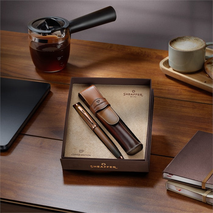 Sheaffer Gift Set ft. Coffee Edition 100 9374 Rollerball Pen with Regal Brown PVD Trims and Coffee Edition Pen Pouch.