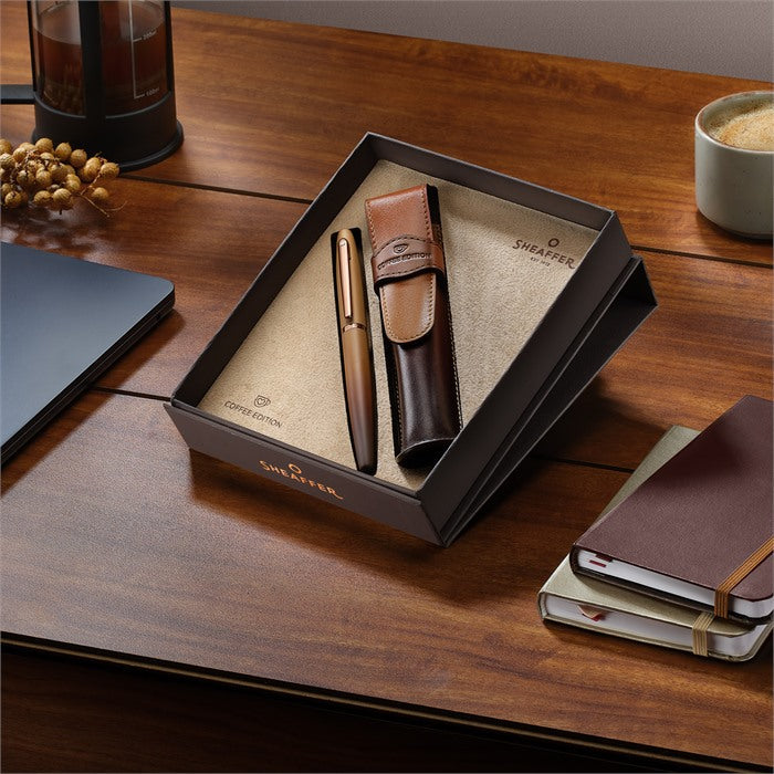 Sheaffer Gift Set ft. Coffee Edition VFM 9428 Rollerball Pen with Regal Brown PVD Trims and Coffee Edition Pen Pouch.