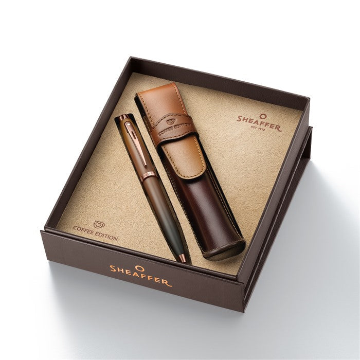 Sheaffer Gift Set ft. Coffee Edition 100 9374 Ballpoint Pen with Regal Brown PVD Trims and Coffee Edition Pen Pouch.