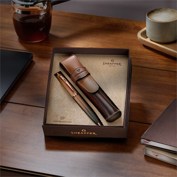 Sheaffer Gift Set ft. Coffee Edition 100 9374 Ballpoint Pen with Regal Brown PVD Trims and Coffee Edition Pen Pouch.