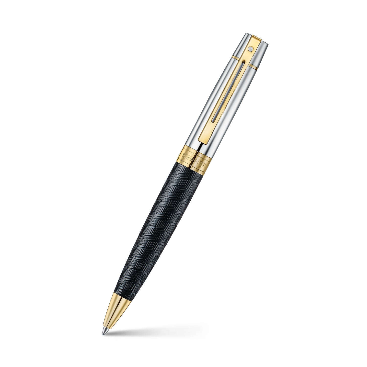 Sheaffer 300 9347 Engraved Black Ballpoint Pen with Chrome Cap and Gold Trims.