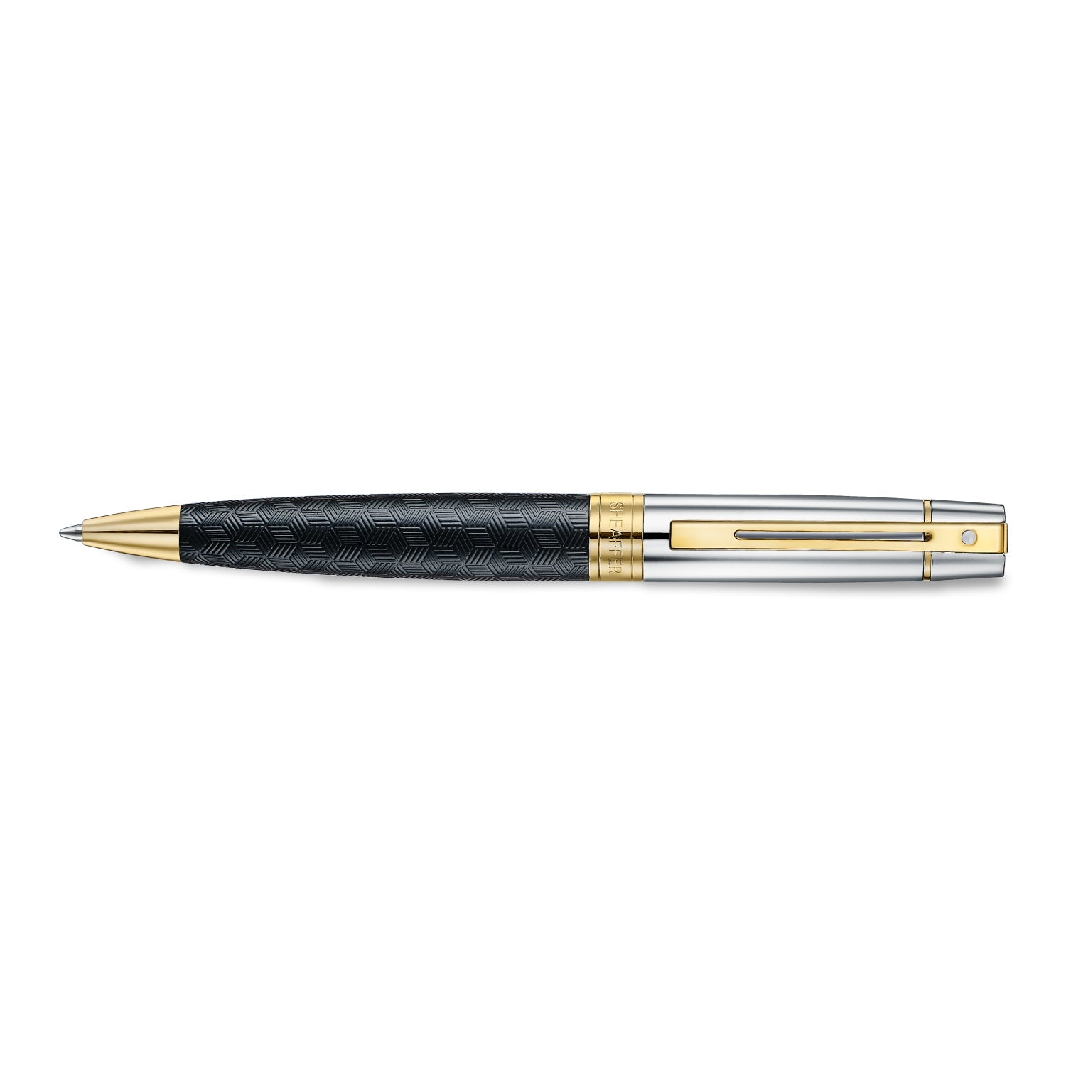Sheaffer 300 9347 Engraved Black Ballpoint Pen with Chrome Cap and Gold Trims.