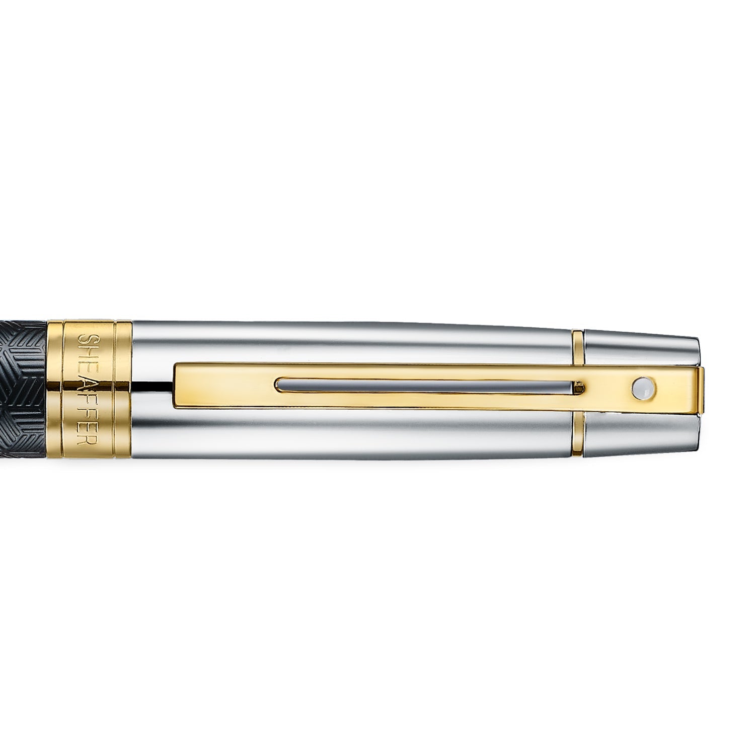 Sheaffer 300 9347 Engraved Black Ballpoint Pen with Chrome Cap and Gold Trims.