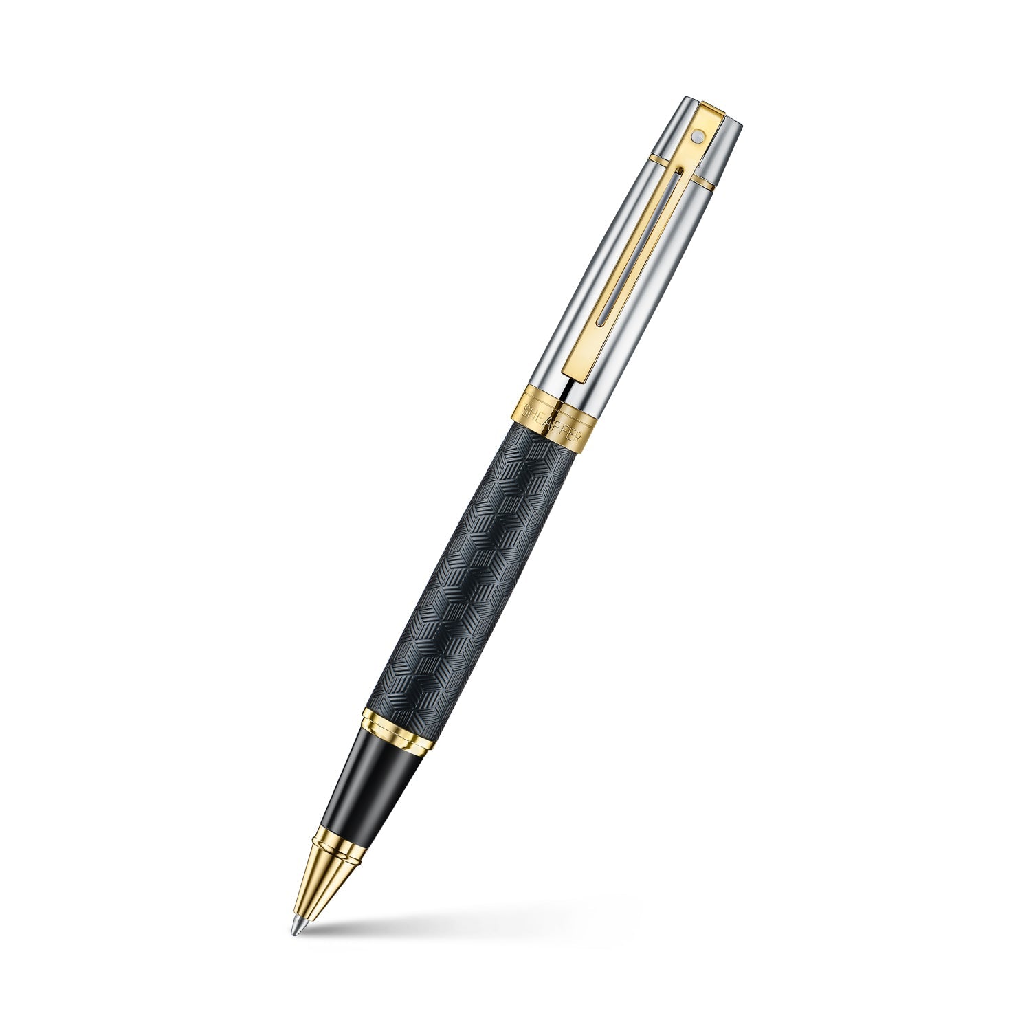Sheaffer 300 9347 Engraved Black Rollerball Pen with Chrome Cap and Gold Trims.