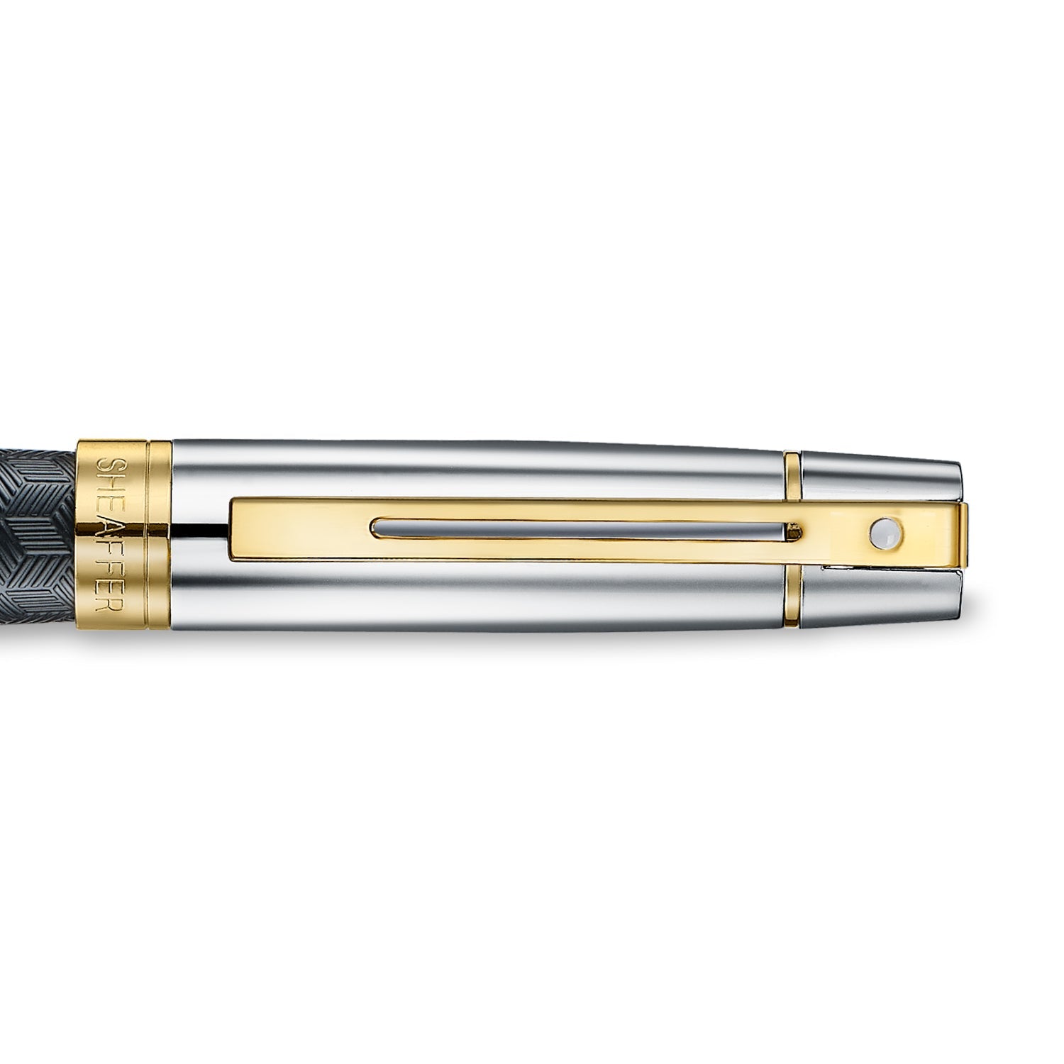 Sheaffer 300 9347 Engraved Black Rollerball Pen with Chrome Cap and Gold Trims.