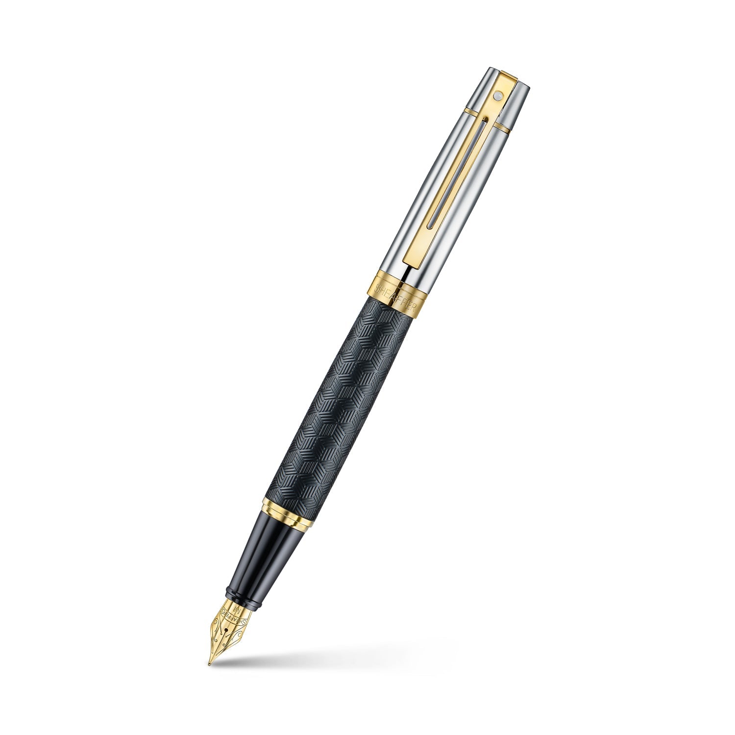 Sheaffer 300 9347 Engraved Black Fountain Pen with Chrome Cap and Gold Trims.