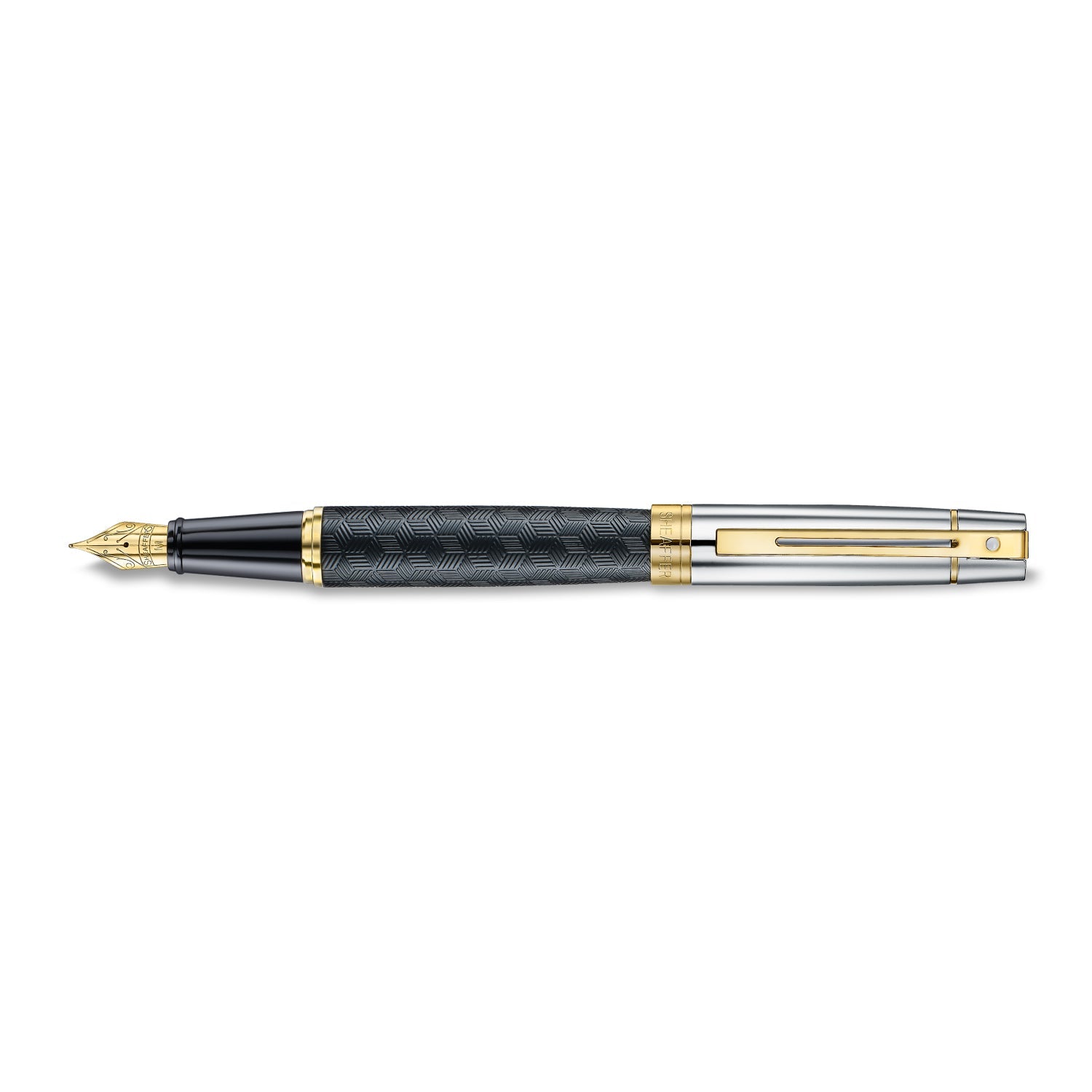 Sheaffer 300 9347 Engraved Black Fountain Pen with Chrome Cap and Gold Trims.