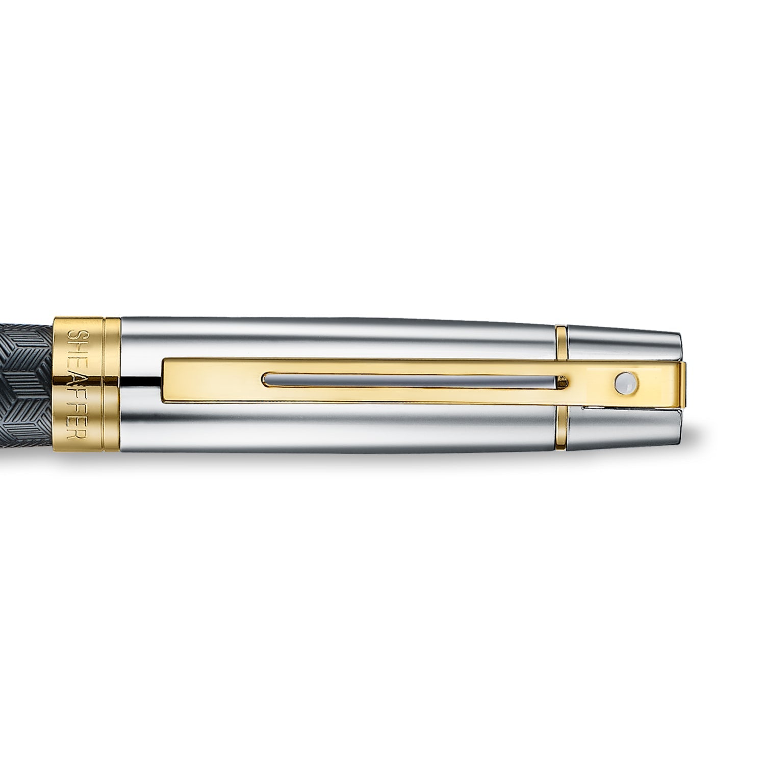 Sheaffer 300 9347 Engraved Black Fountain Pen with Chrome Cap and Gold Trims.