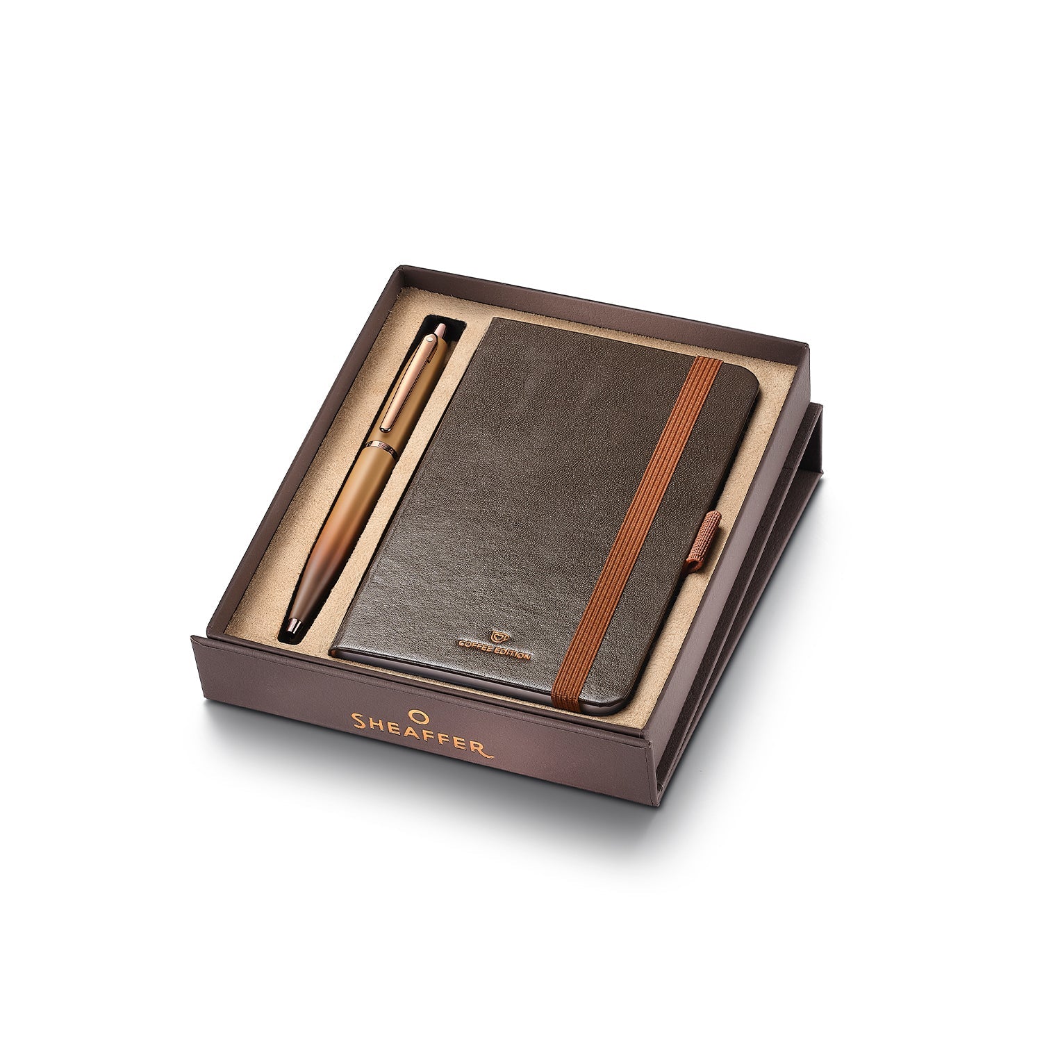Sheaffer Gift Set ft. Coffee Edition VFM 9428 Ballpoint Pen with Regal Brown PVD Trims and Small Notebook.