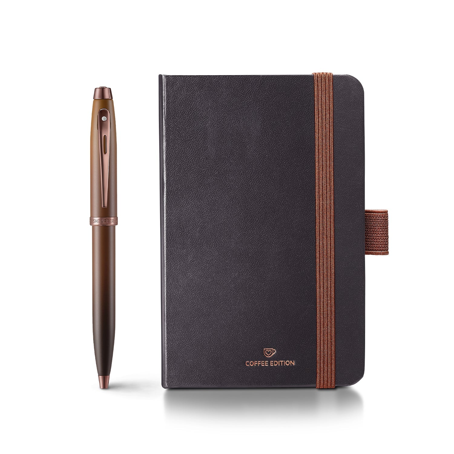 Sheaffer Gift Set ft. Coffee Edition 100 9374 Ballpoint Pen with Regal Brown PVD Trims and Small Notebook.