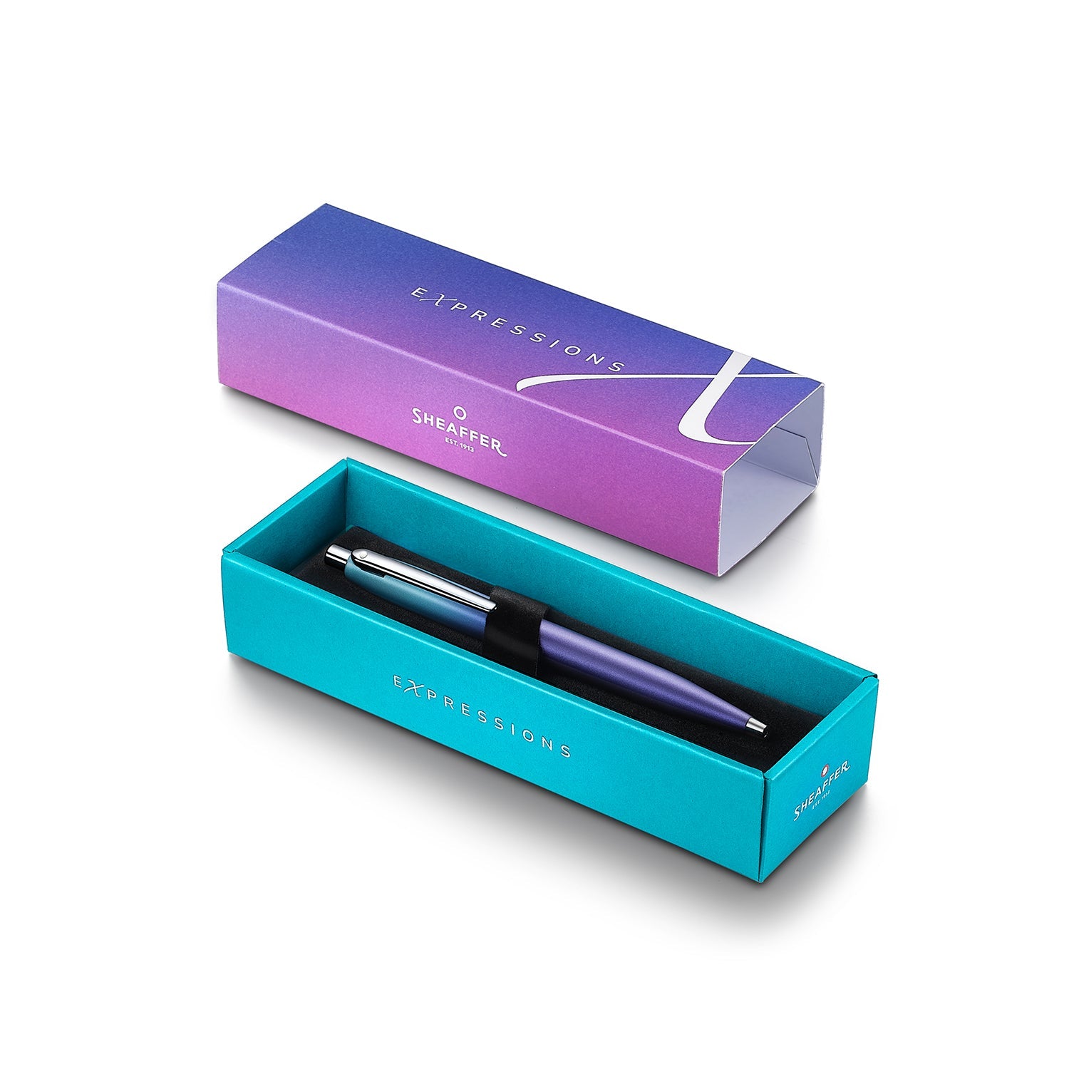 Sheaffer VFM 9430 Expressions Blue and Purple Pearlised Gradient Ballpoint Pen with Chrome-Plated Trims.