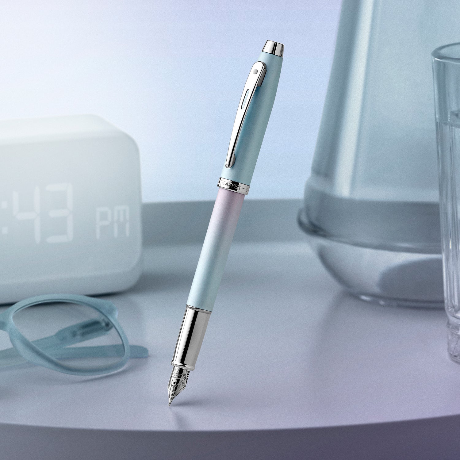 Sheaffer 100 9376 Expressions Blue and Pink Pearlised Gradient Fountain Pen with Chrome-plated Trims.