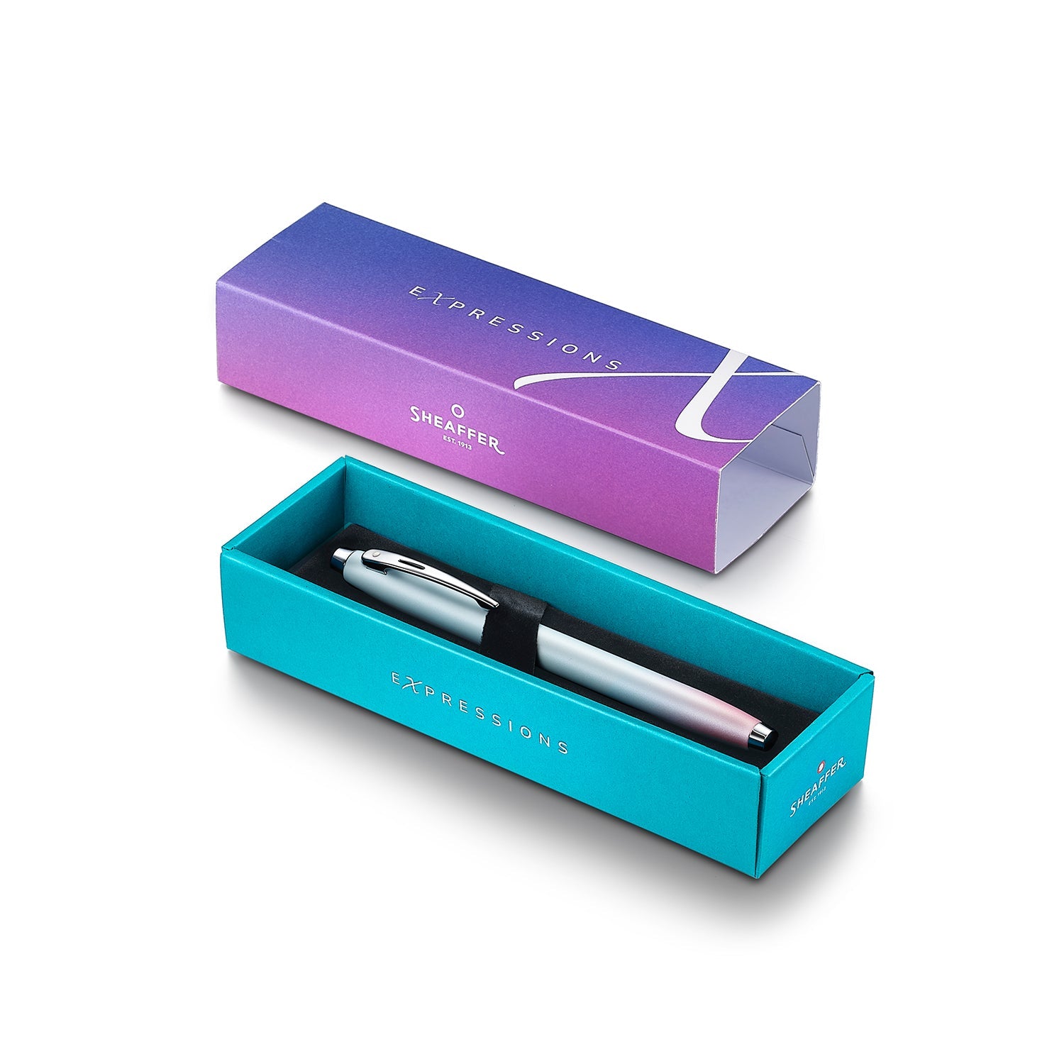 Sheaffer 100 9376 Expressions Blue and Pink Pearlised Gradient Fountain Pen with Chrome-plated Trims.