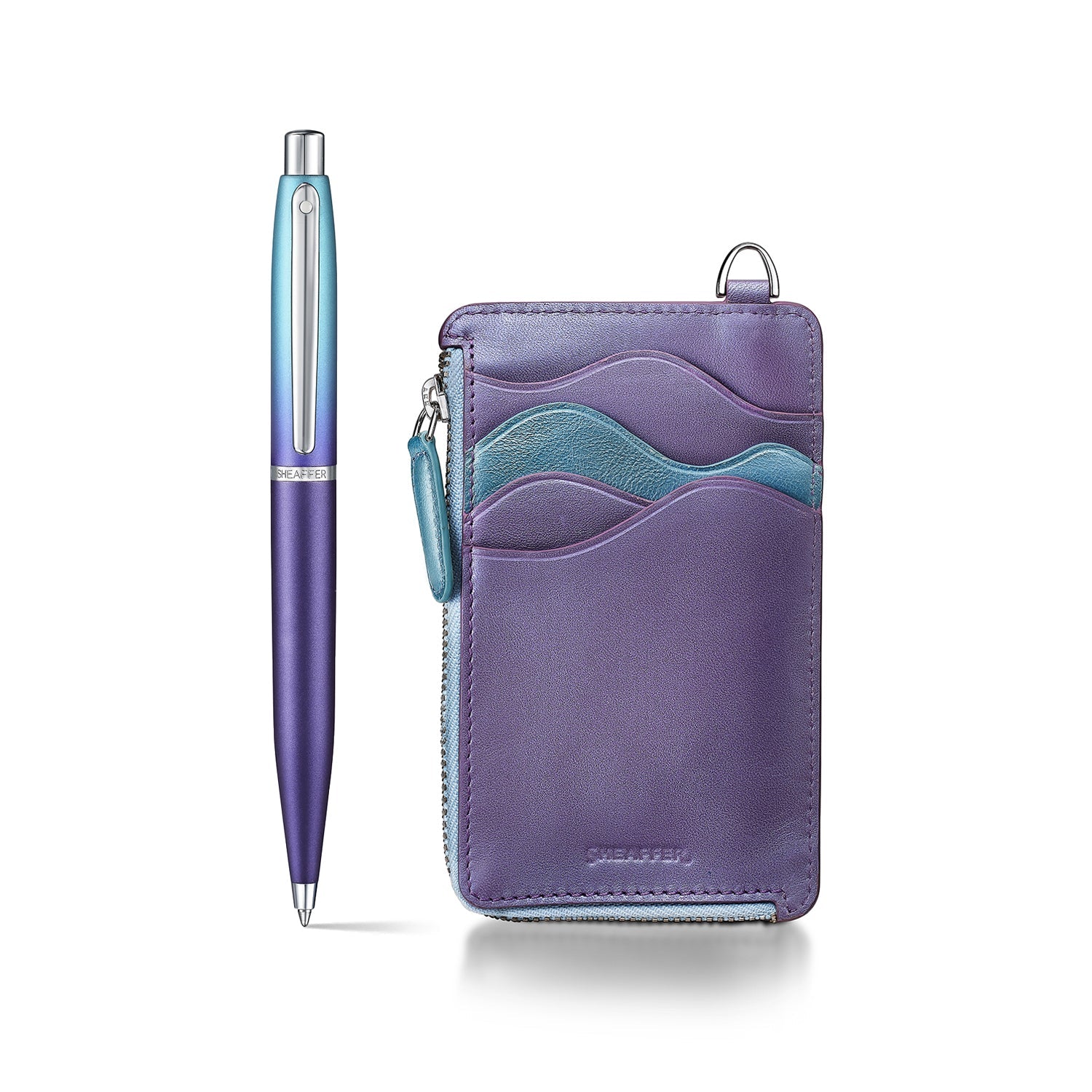 Sheaffer Gift Set ft. Expressions VFM 9430 Blue and Purple Pearlised Gradient Ballpoint Pen with Genuine Leather Card Case.