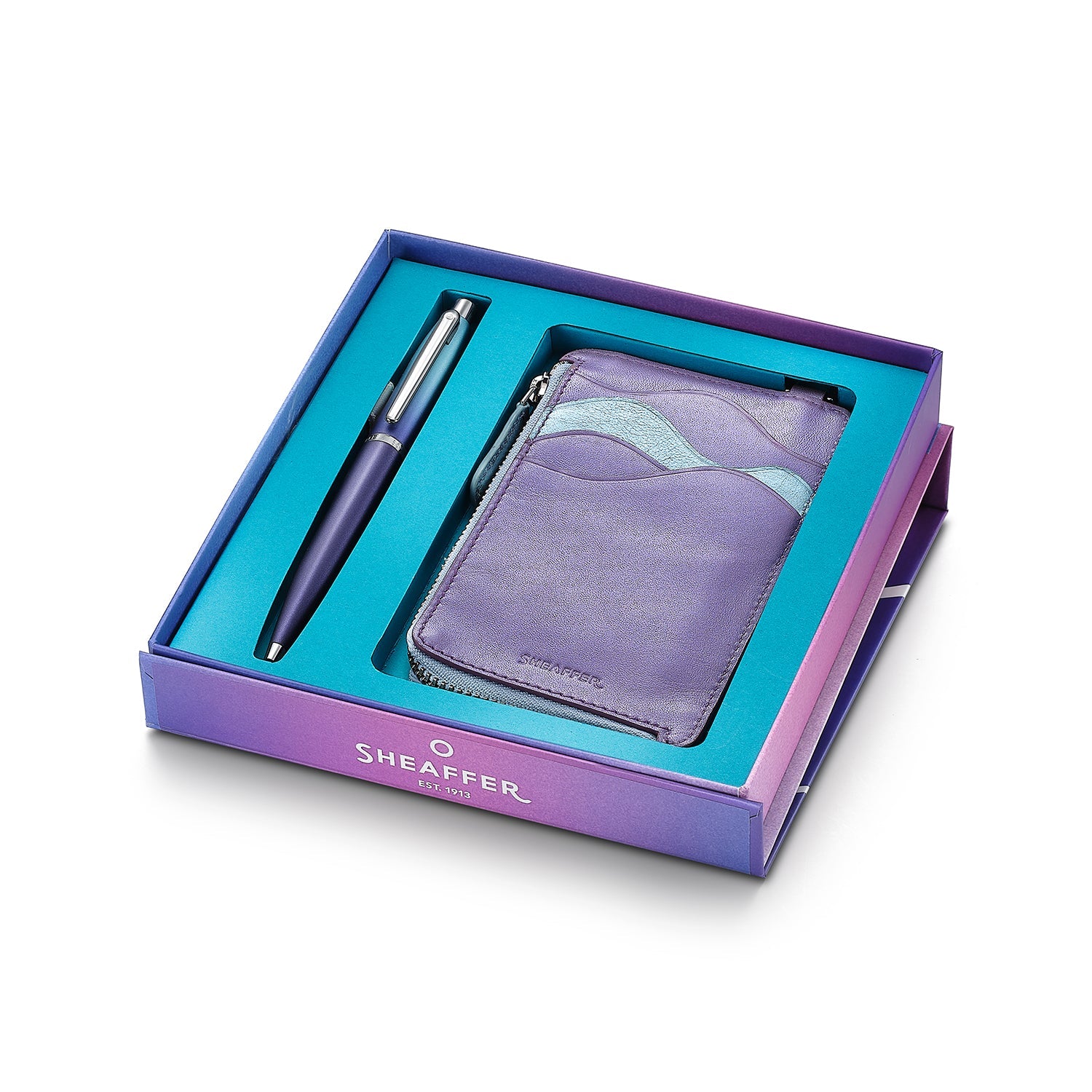 Sheaffer Gift Set ft. Expressions VFM 9430 Blue and Purple Pearlised Gradient Ballpoint Pen with Genuine Leather Card Case.