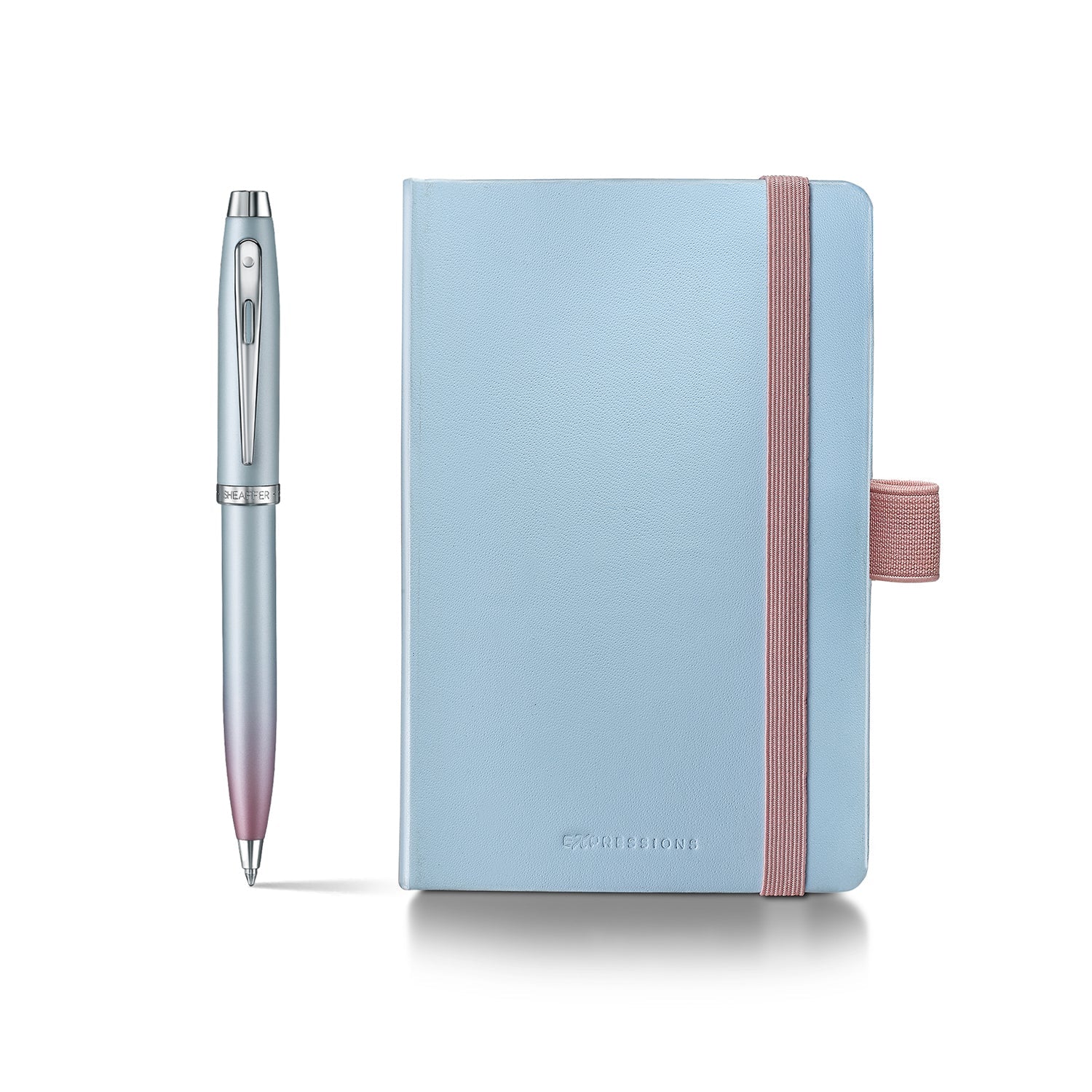 Sheaffer Gift Set ft. Expressions 100 9376 Blue and Pink Pearlised Gradient Ballpoint Pen with Chrome-plated Trims and Small Notebook.