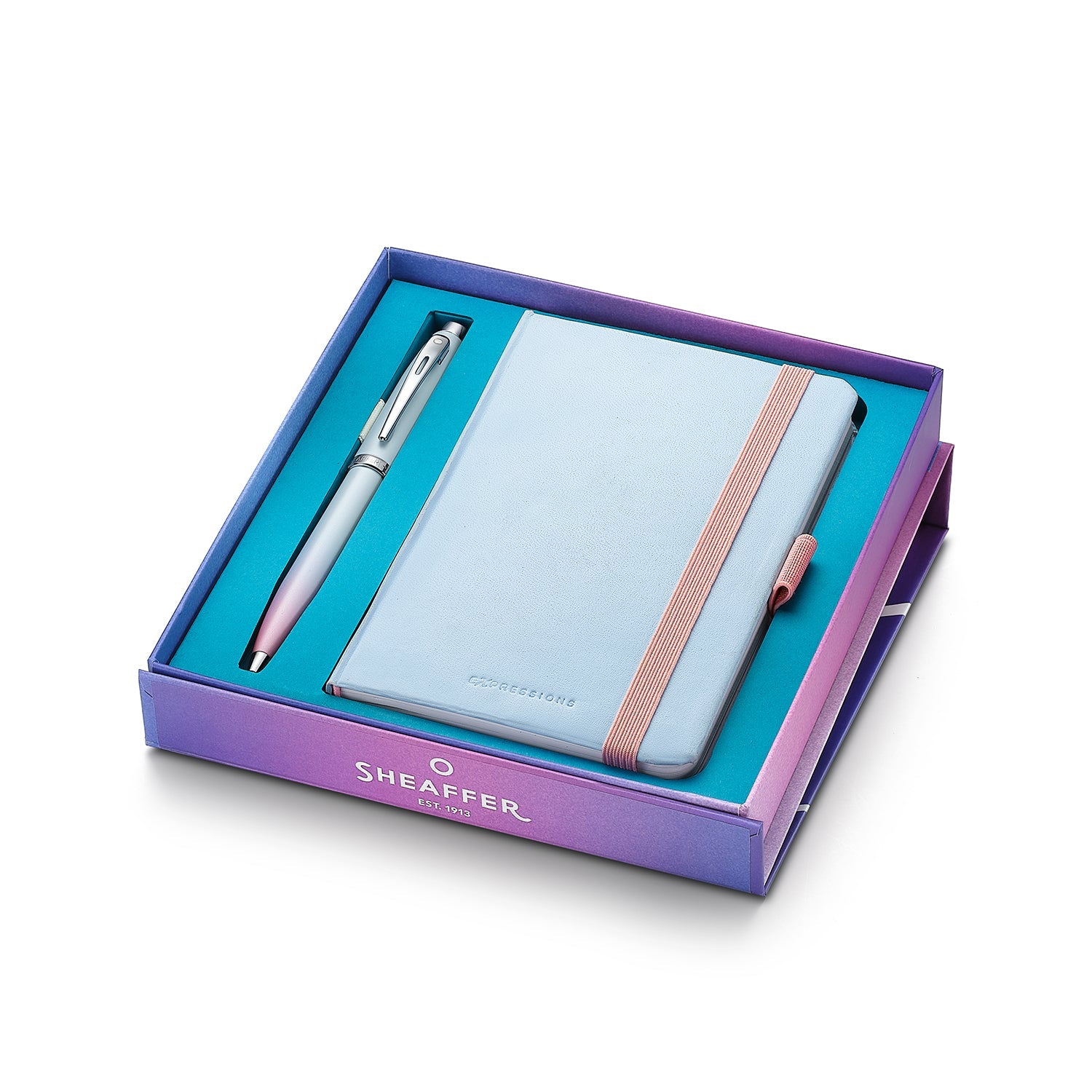 Sheaffer Gift Set ft. Expressions 100 9376 Blue and Pink Pearlised Gradient Ballpoint Pen with Chrome-plated Trims and Small Notebook.