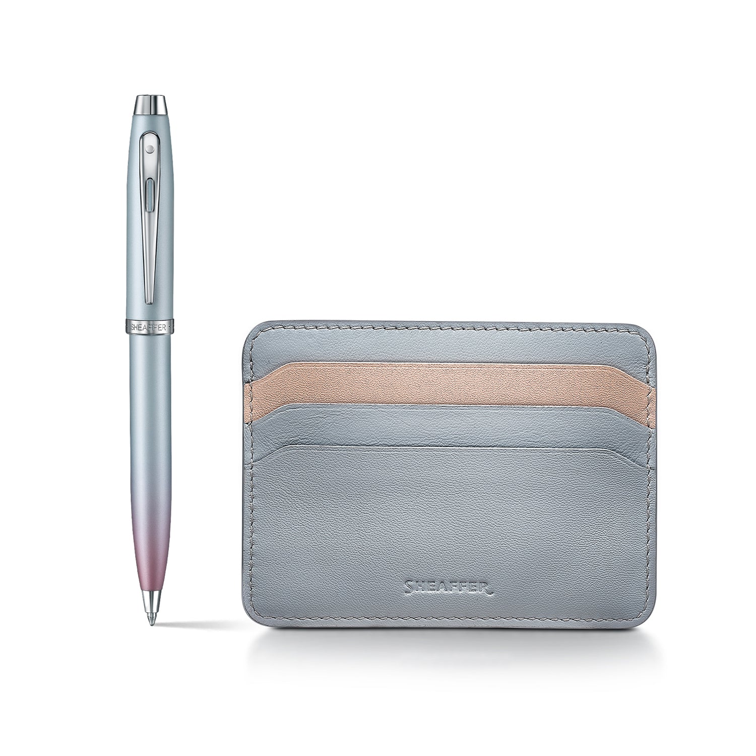 Sheaffer Gift Set ft. Expressions 100 9376 Blue and Pink Pearlised Gradient Ballpoint Pen with Chrome-plated Trims and Genuine Leather Credit Card Holder.