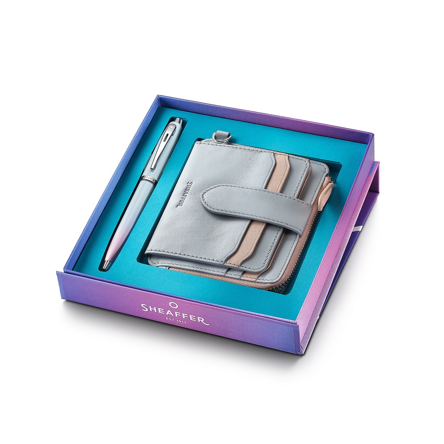 Sheaffer Gift Set ft. Expressions 100 9376 Blue and Pink Pearlised Gradient Ballpoint Pen with Chrome-plated Trims and Genuine Leather Wallet.