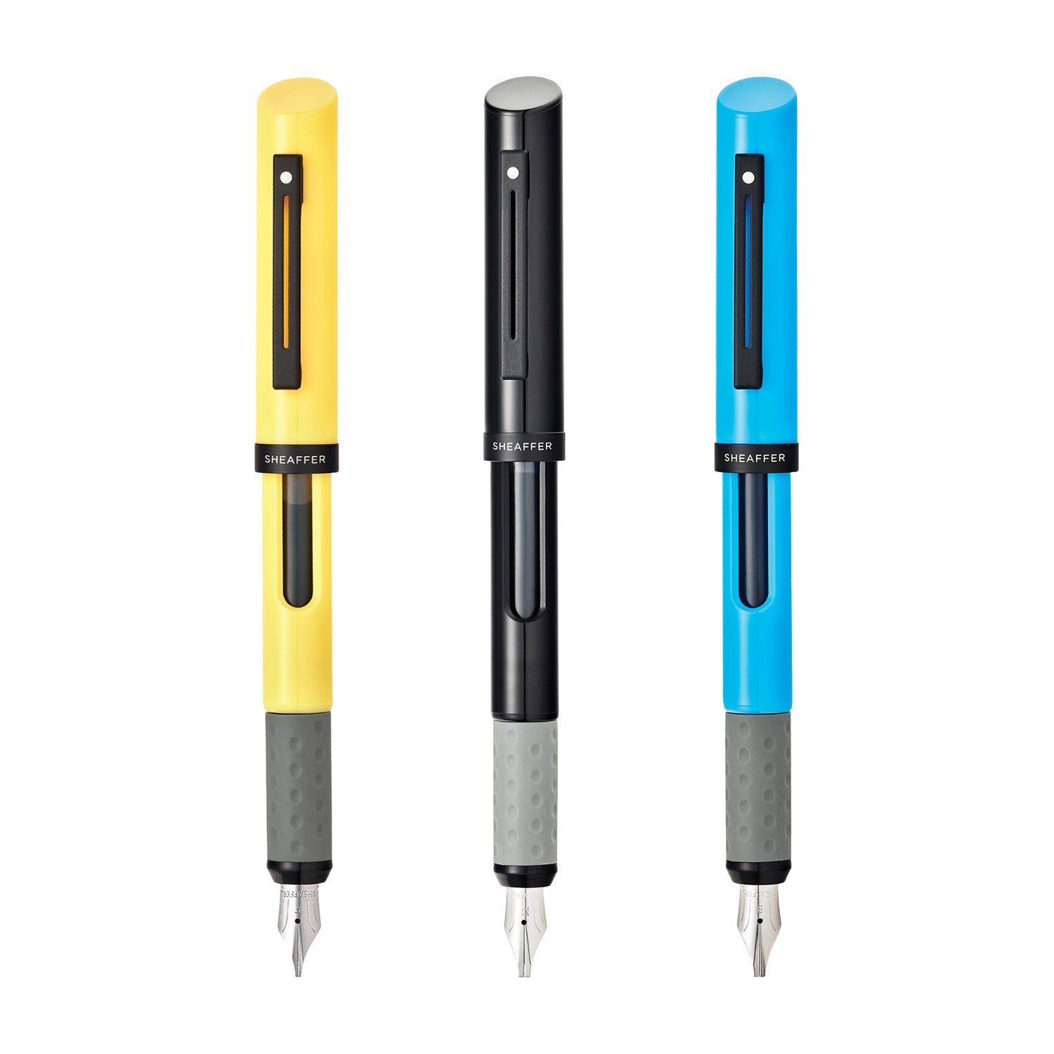 Sheaffer® Calligraphy Glossy Black, Blue and Yellow Fountain pens Maxikit in Hangsell - F, M, B nibs.