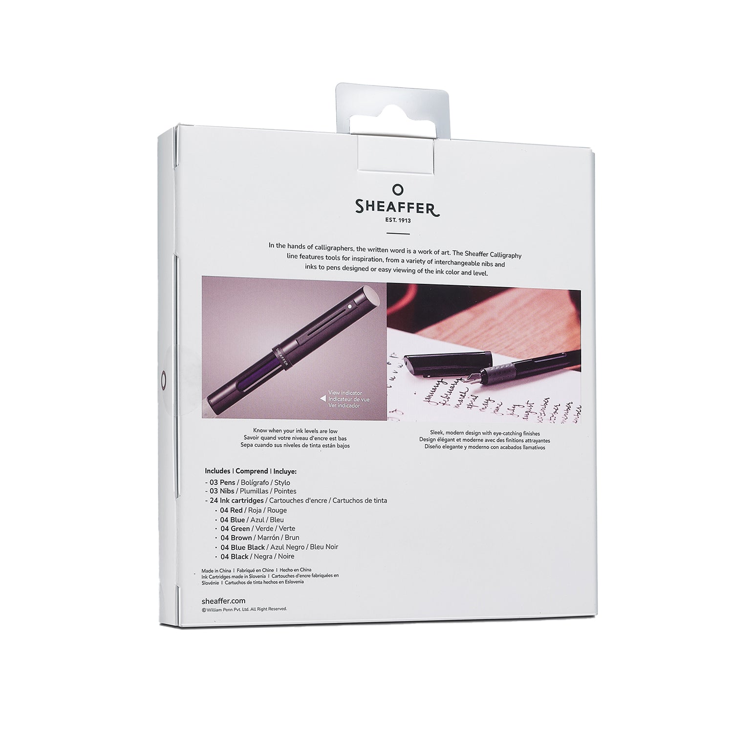 Sheaffer® Calligraphy Glossy Black, Blue and Yellow Fountain pens Maxikit in Hangsell - F, M, B nibs.