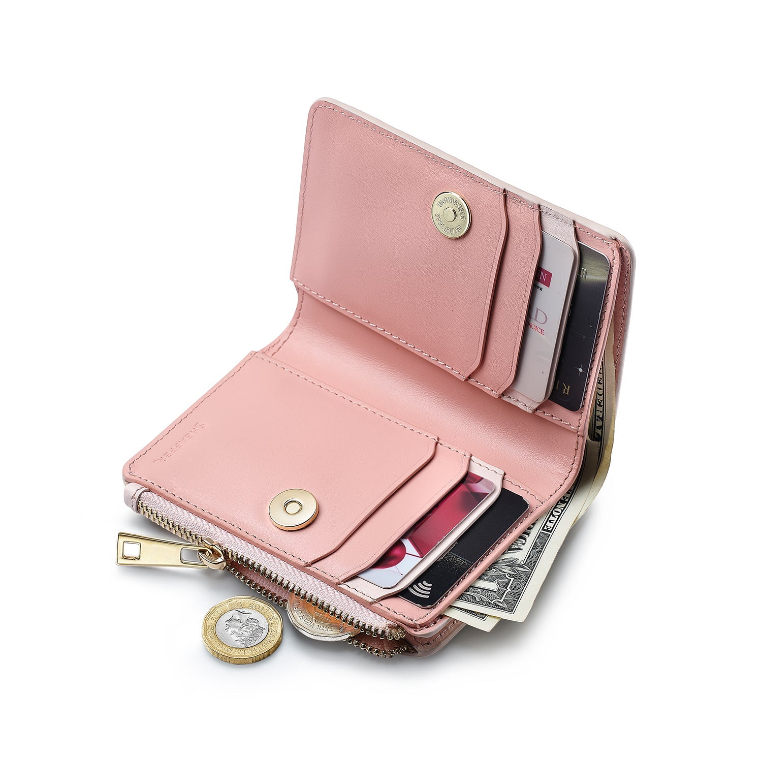Sheaffer Emily in Paris Full-Grain Leather Zipped Bifold Coin Wallet with Heart-Shaped Emblem - Pink.