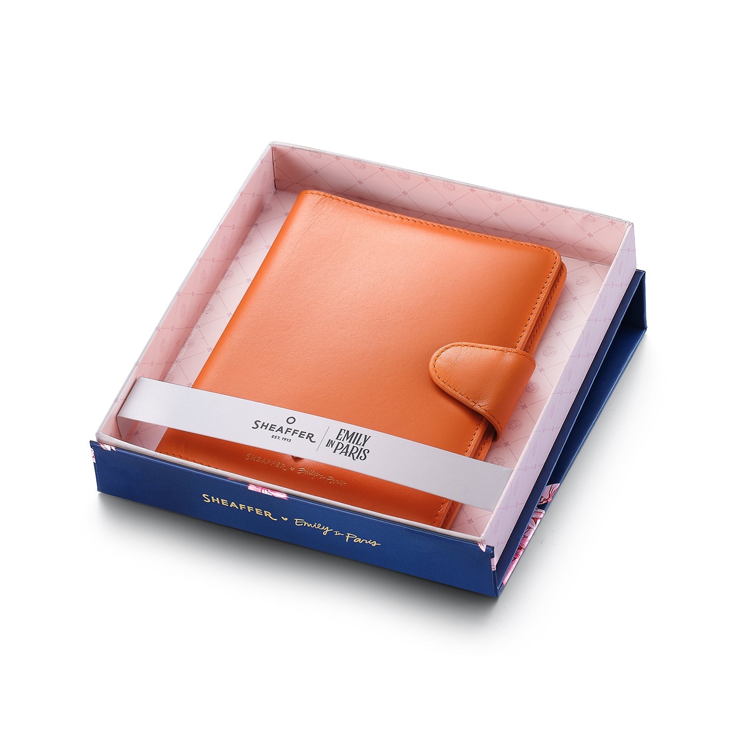 Sheaffer Emily in Paris Full-Grain Leather Passport Case with Pen Loop and Heart-Shaped Emblem - Orange.