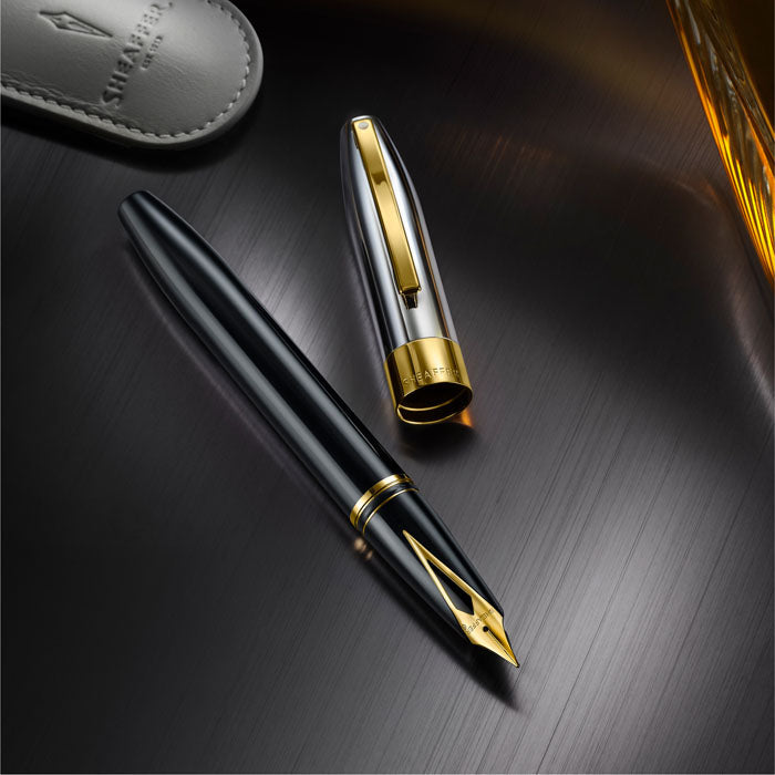 Sheaffer Legacy 9065 Glossy Black and Chrome Bi-color Fountain Pen with 14K PVD Gold-Plated, Stainless Steel Inlaid Nib and Trims.