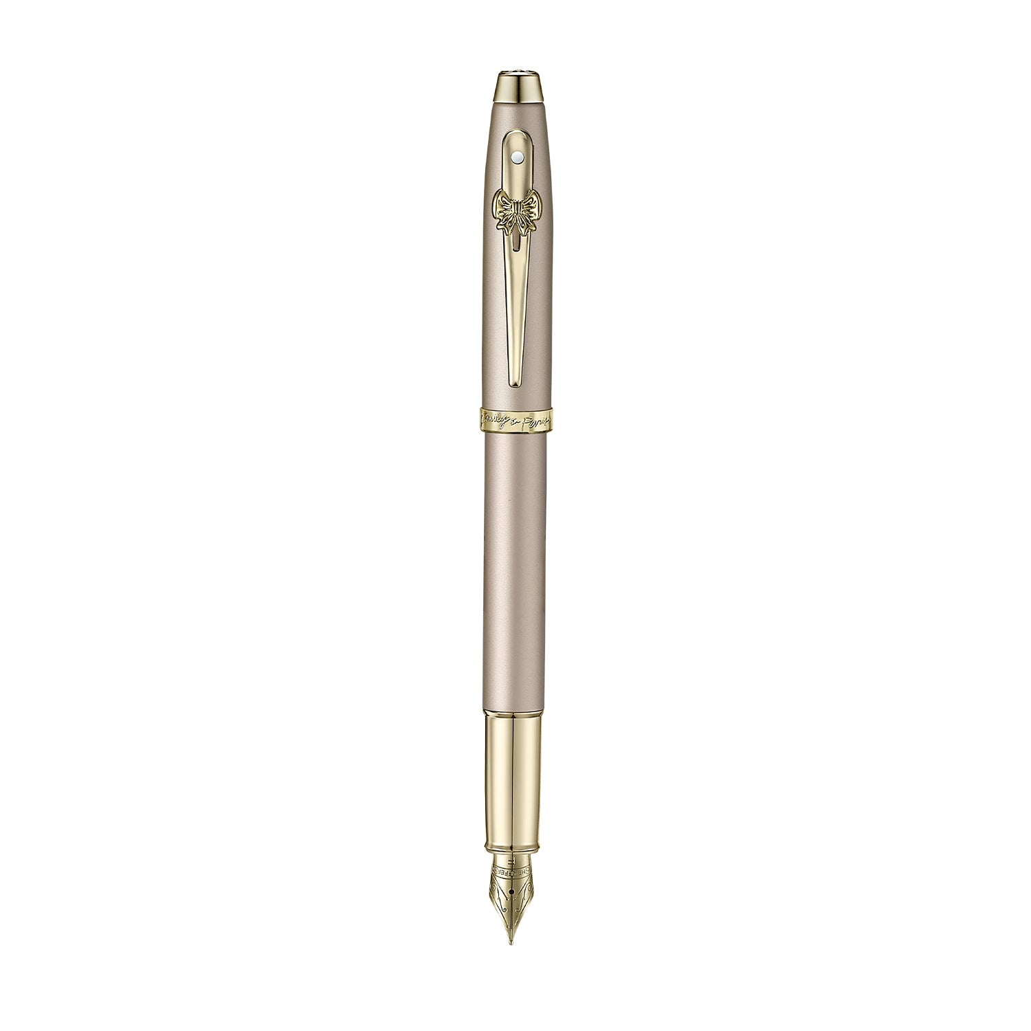 Sheaffer 100 Emily in Paris 9377 Champagne Gold Fountain Pen with Champagne Gold Trims and Bow-Shaped Clip Emblem (Fine).