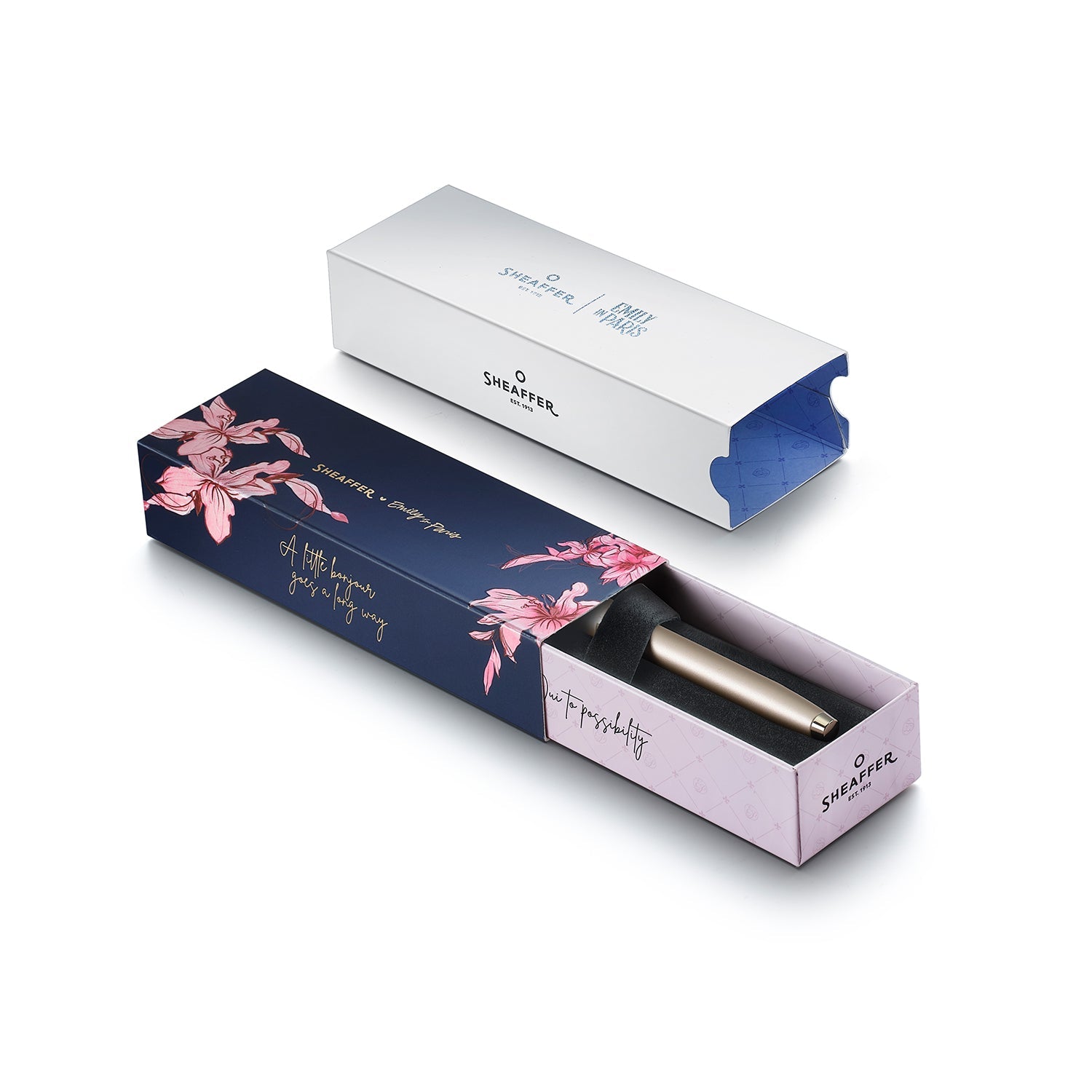 Sheaffer 100 Emily in Paris 9377 Champagne Gold Fountain Pen with Champagne Gold Trims and Bow-Shaped Clip Emblem (Fine).