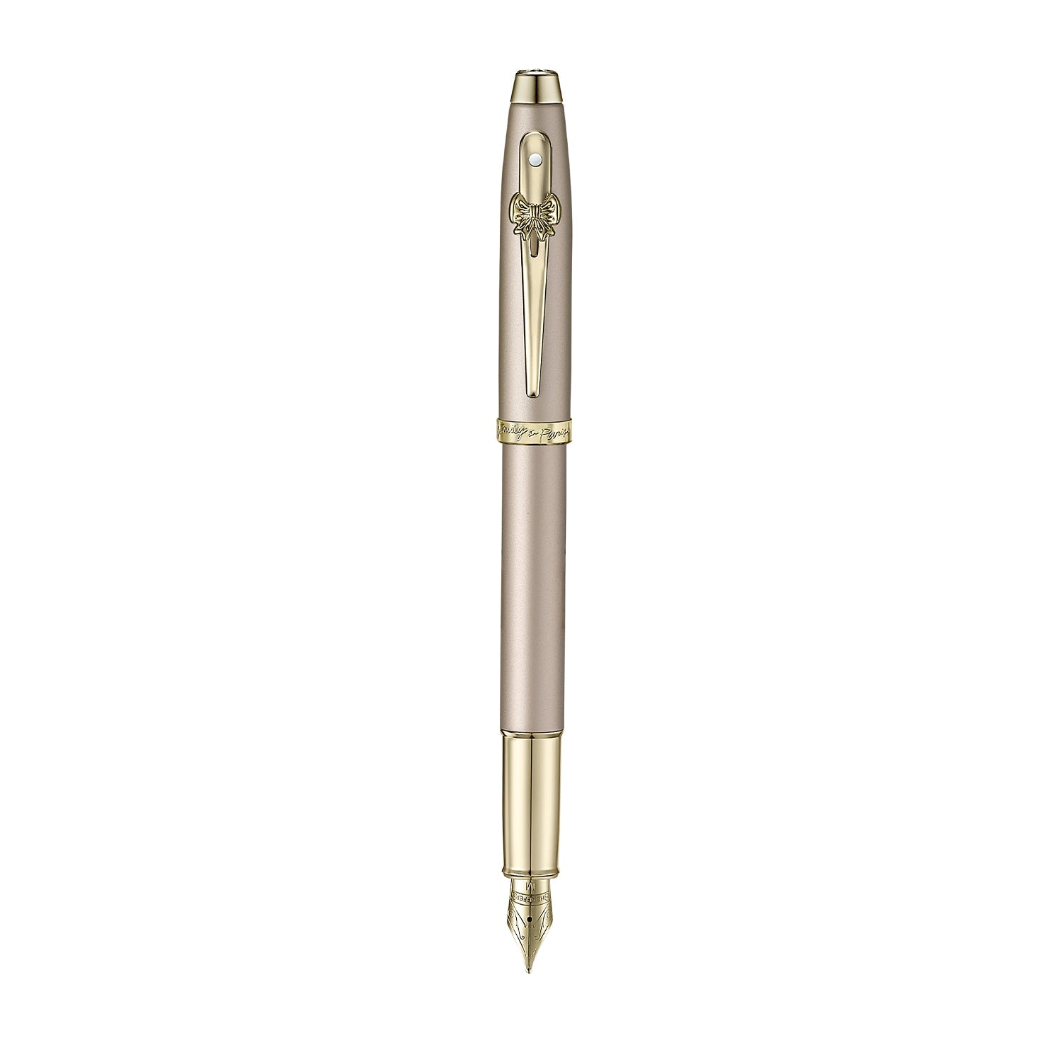 Sheaffer 100 Emily in Paris 9377 Champagne Gold Fountain Pen with Champagne Gold Trims and Bow-Shaped Clip Emblem (Medium).