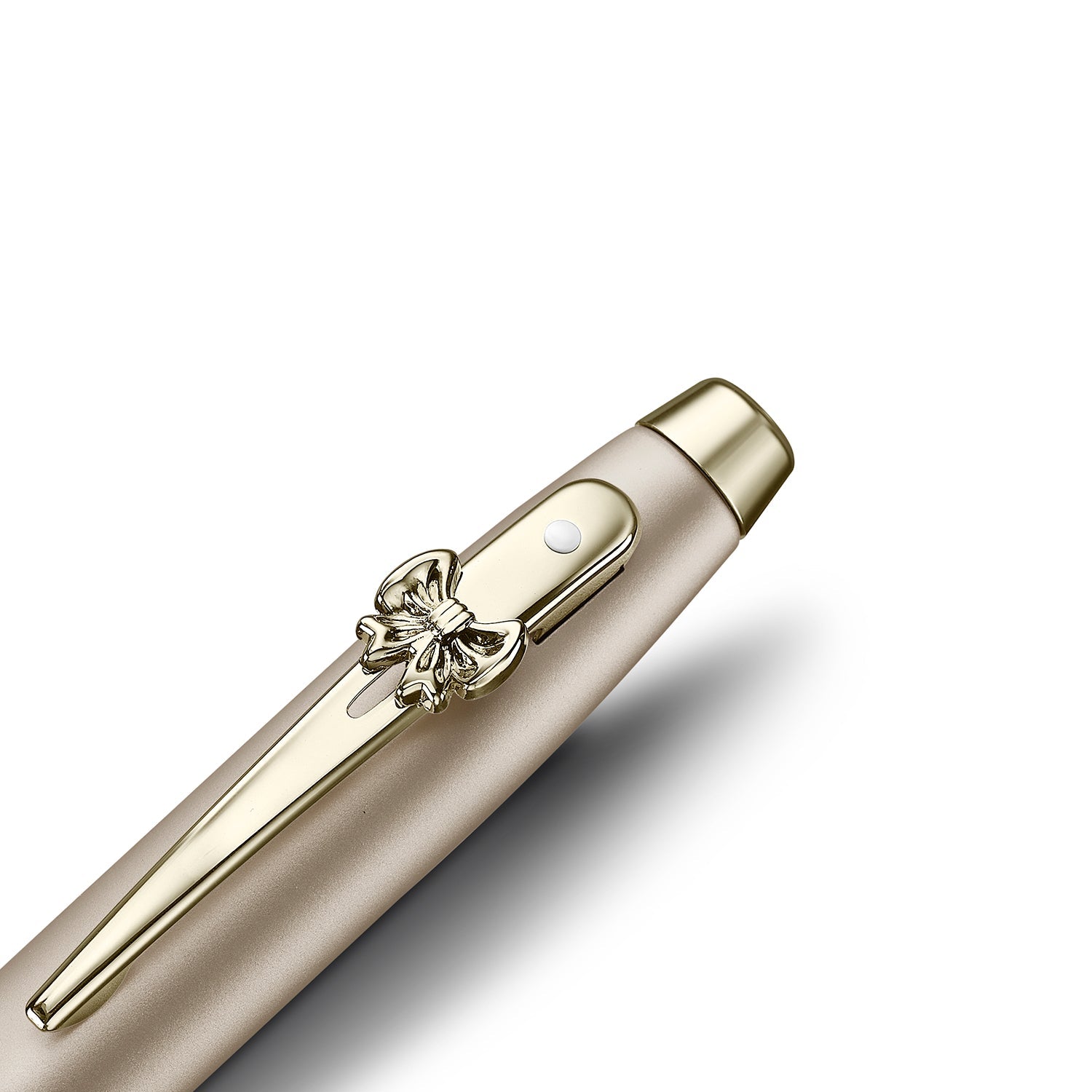Sheaffer 100 Emily in Paris 9377 Champagne Gold Rollerball Pen with Champagne Gold Trims and Bow-Shaped Clip Emblem.
