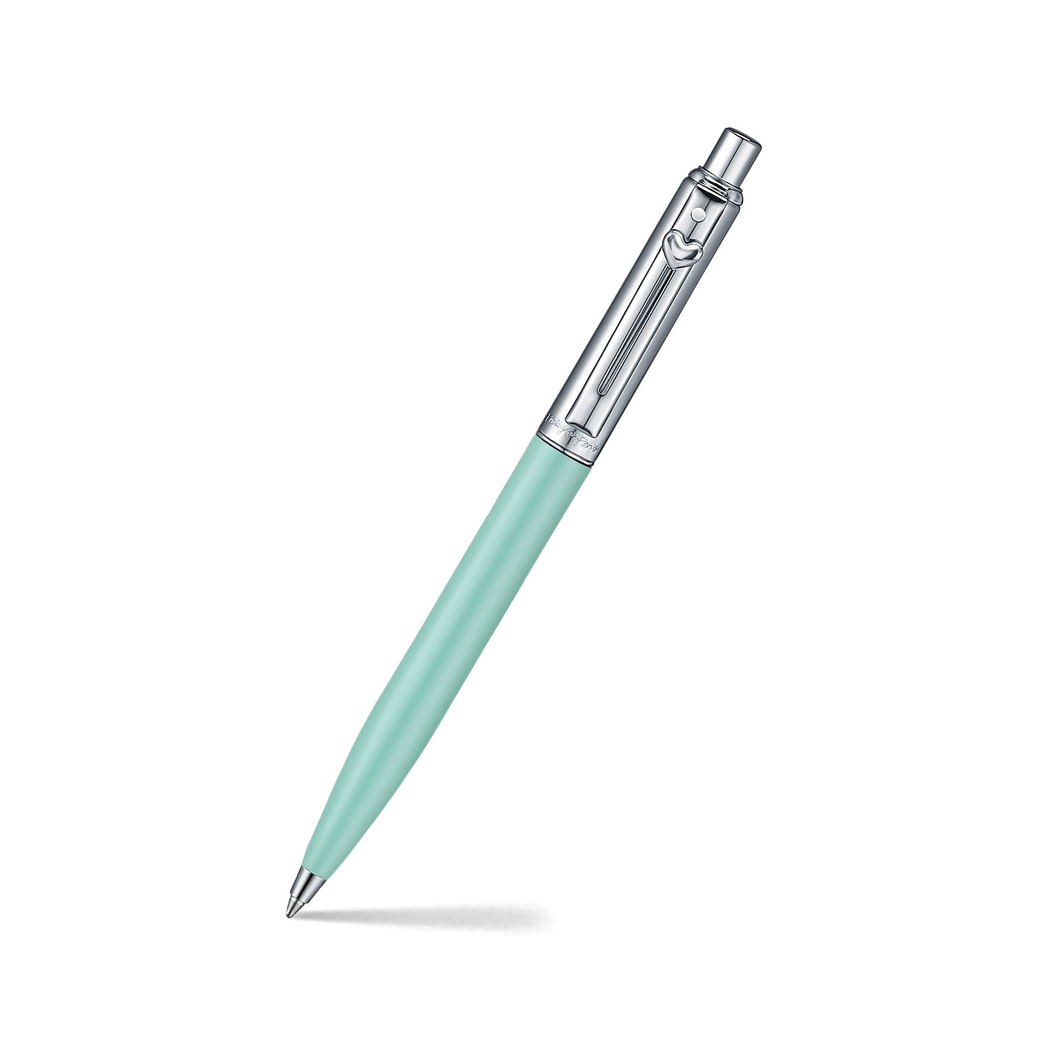 Sheaffer Sentinel Emily in Paris 321 Green Matte Finish Ballpoint Pen with Chrome-Plated Trims and Heart-Shaped Clip Emblem.